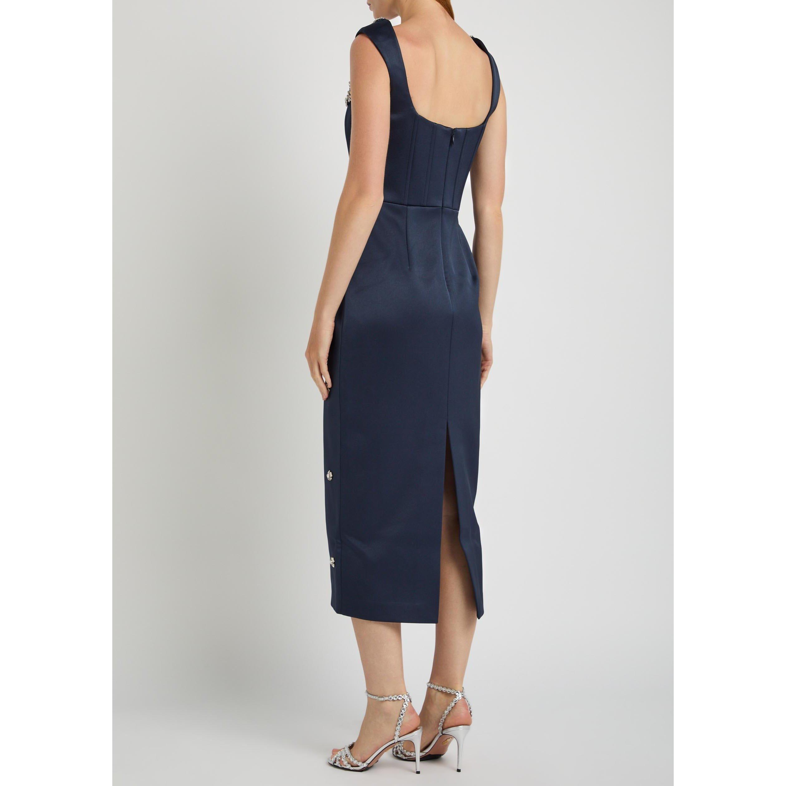 NAVY - Rebecca Vallance - Women's Ayla Midi Crystal-Embellished Square-Neck Satin Bodycon Dress - 3