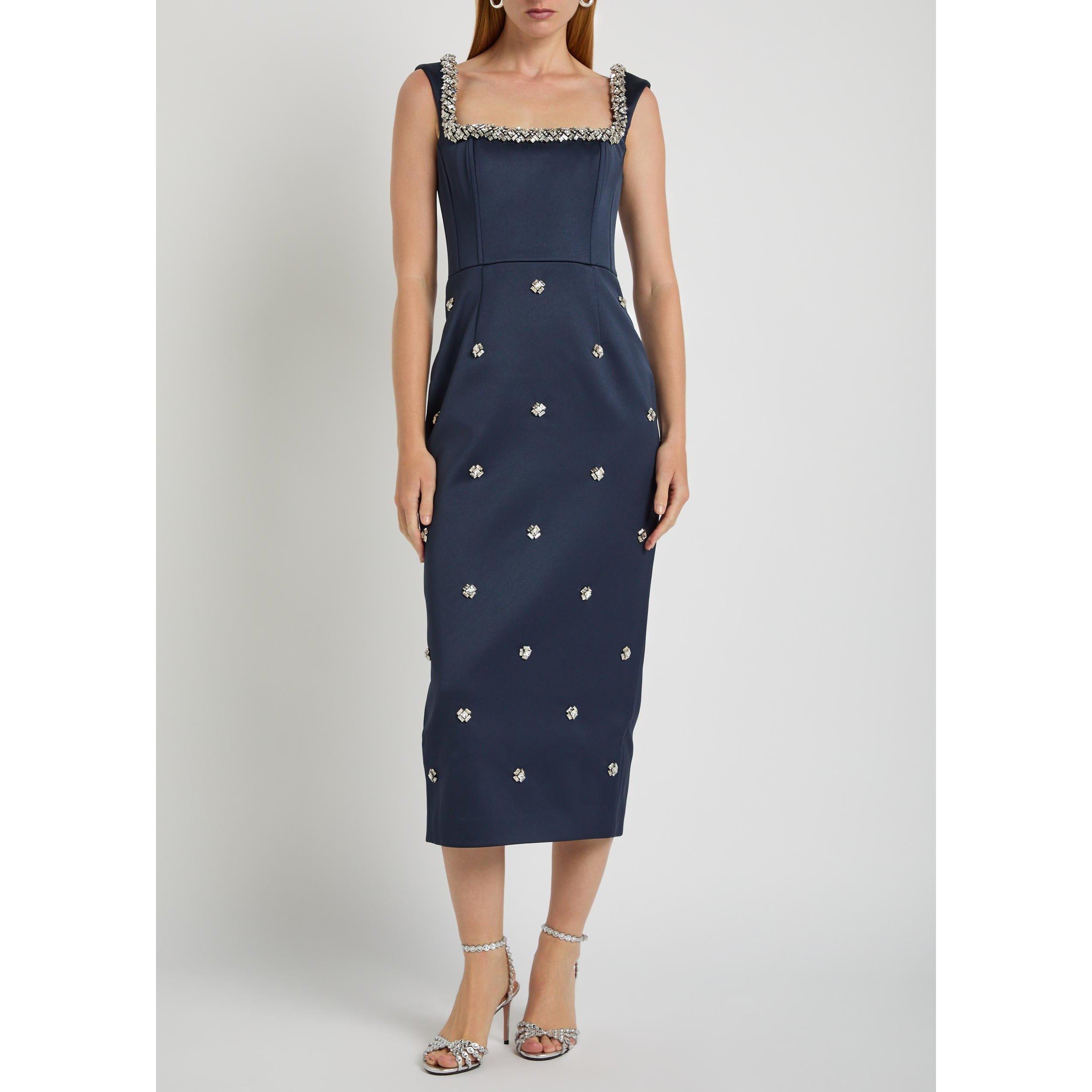 NAVY - Rebecca Vallance - Women's Ayla Midi Crystal-Embellished Square-Neck Satin Bodycon Dress - 5