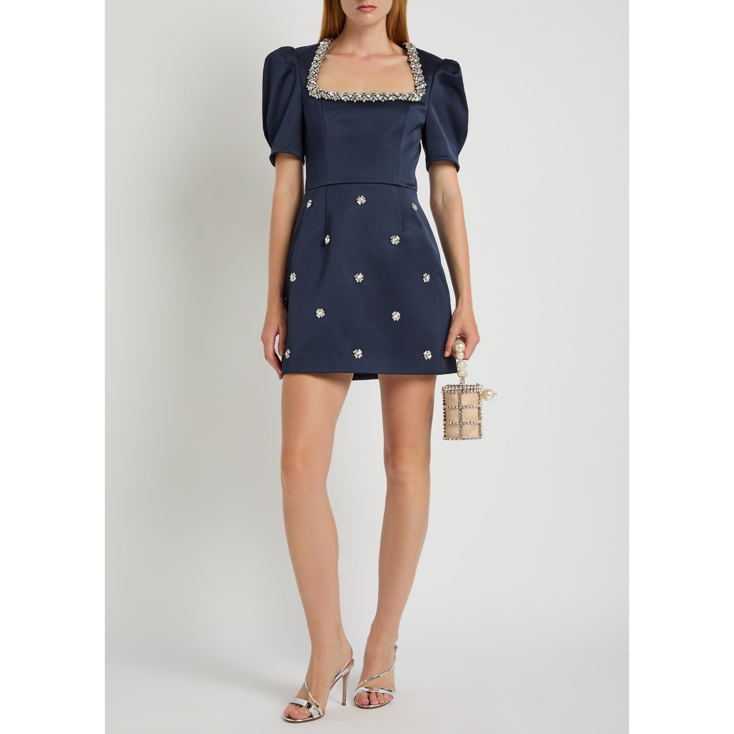 NAVY - Rebecca Vallance - Women's Ayla Crystal Embellished Satin Puff-Sleeve Mini Dress - 5