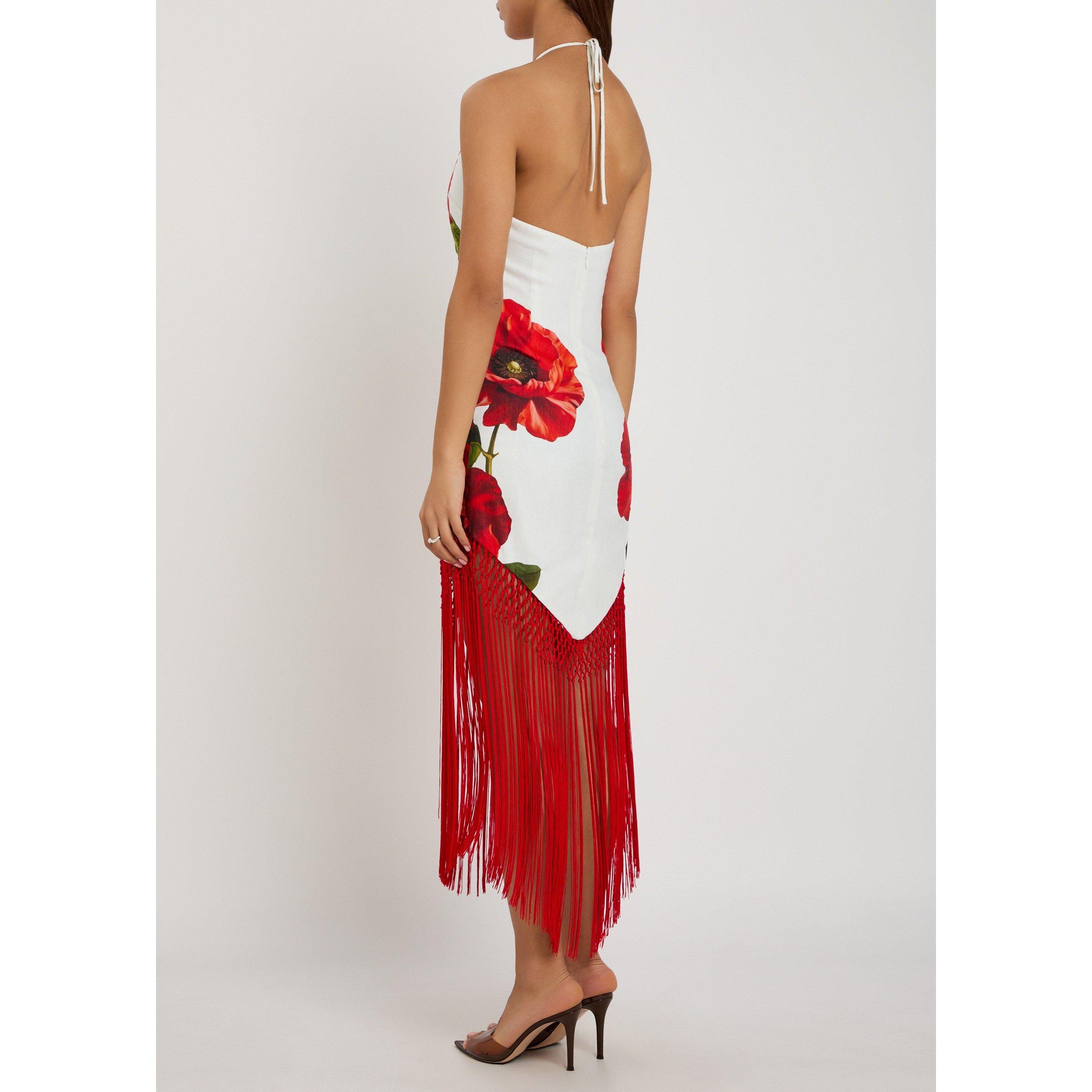 RED AND WHITE - Alice And Olivia - LD Mallory Halter Fringe Dress - 3