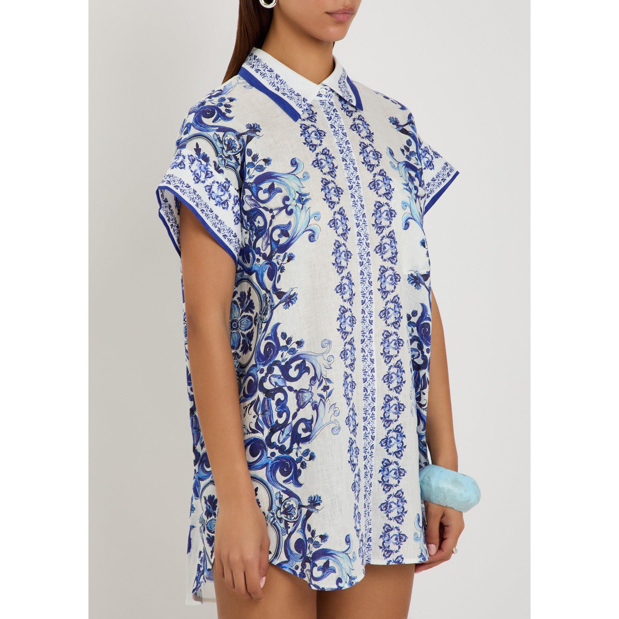 BLUE AND WHITE - Alice And Olivia - Women's Finely Linen Short-Sleeve Relaxed-Fit Shirt Dress - 2
