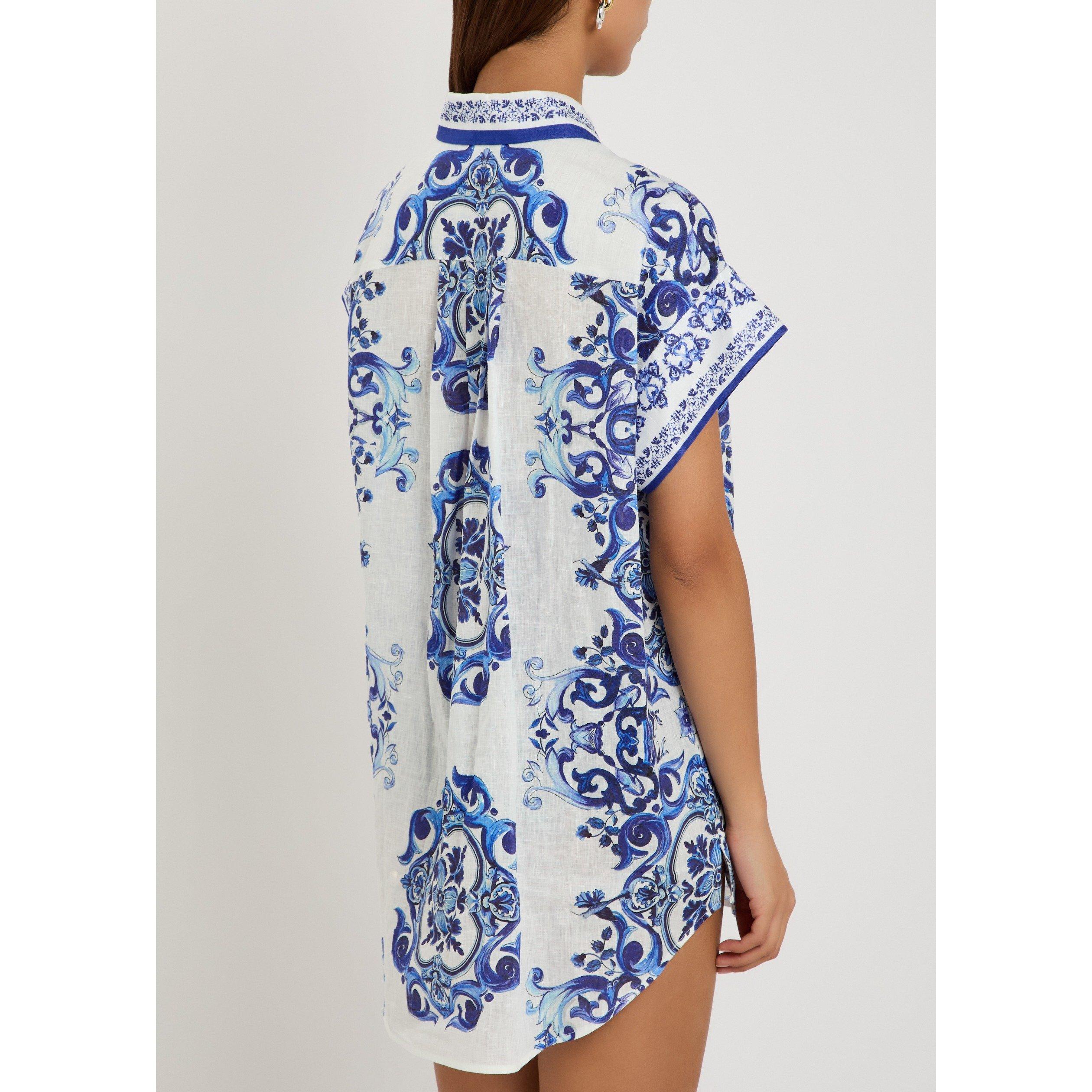 BLUE AND WHITE - Alice And Olivia - Women's Finely Linen Short-Sleeve Relaxed-Fit Shirt Dress - 3