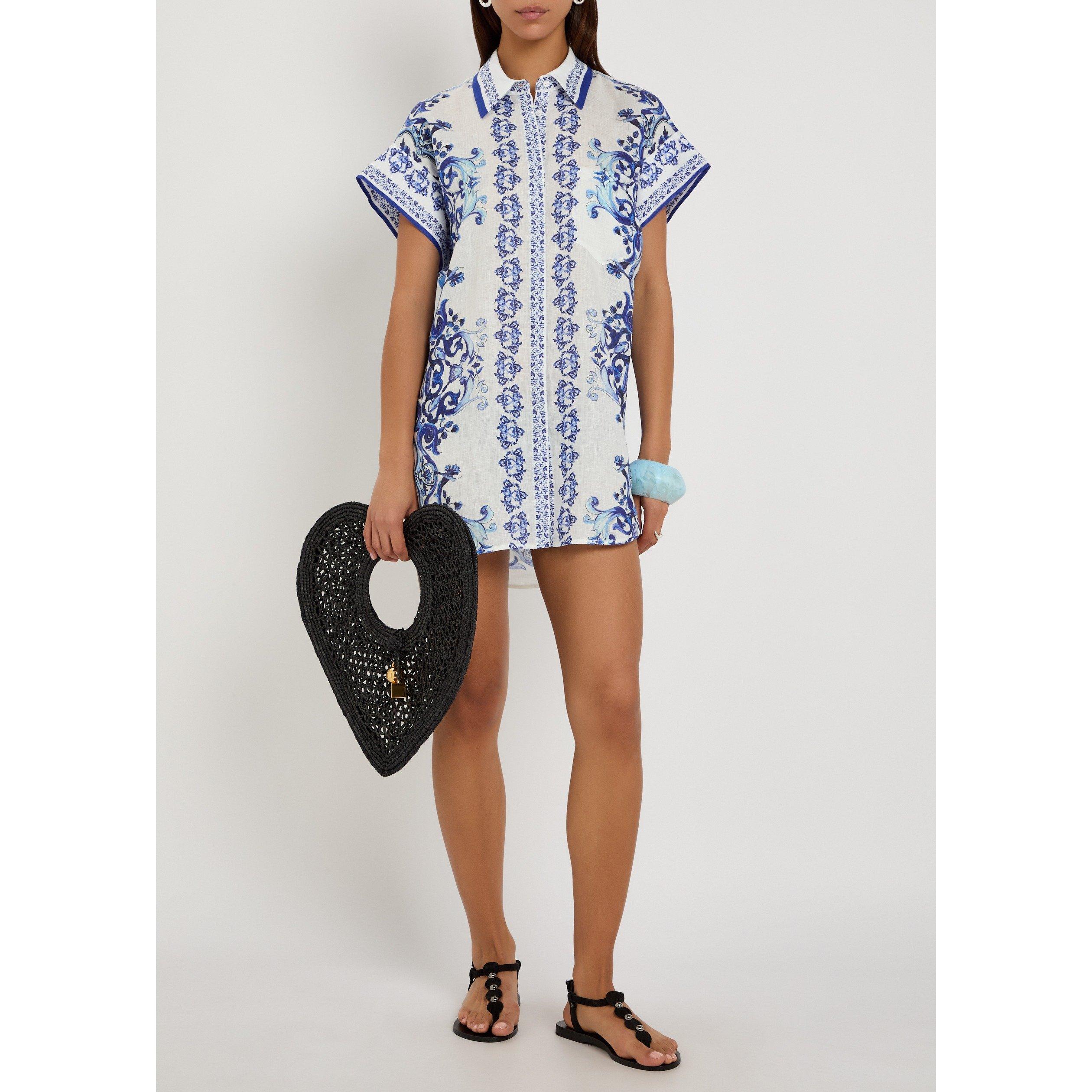 BLUE AND WHITE - Alice And Olivia - Women's Finely Linen Short-Sleeve Relaxed-Fit Shirt Dress - 5