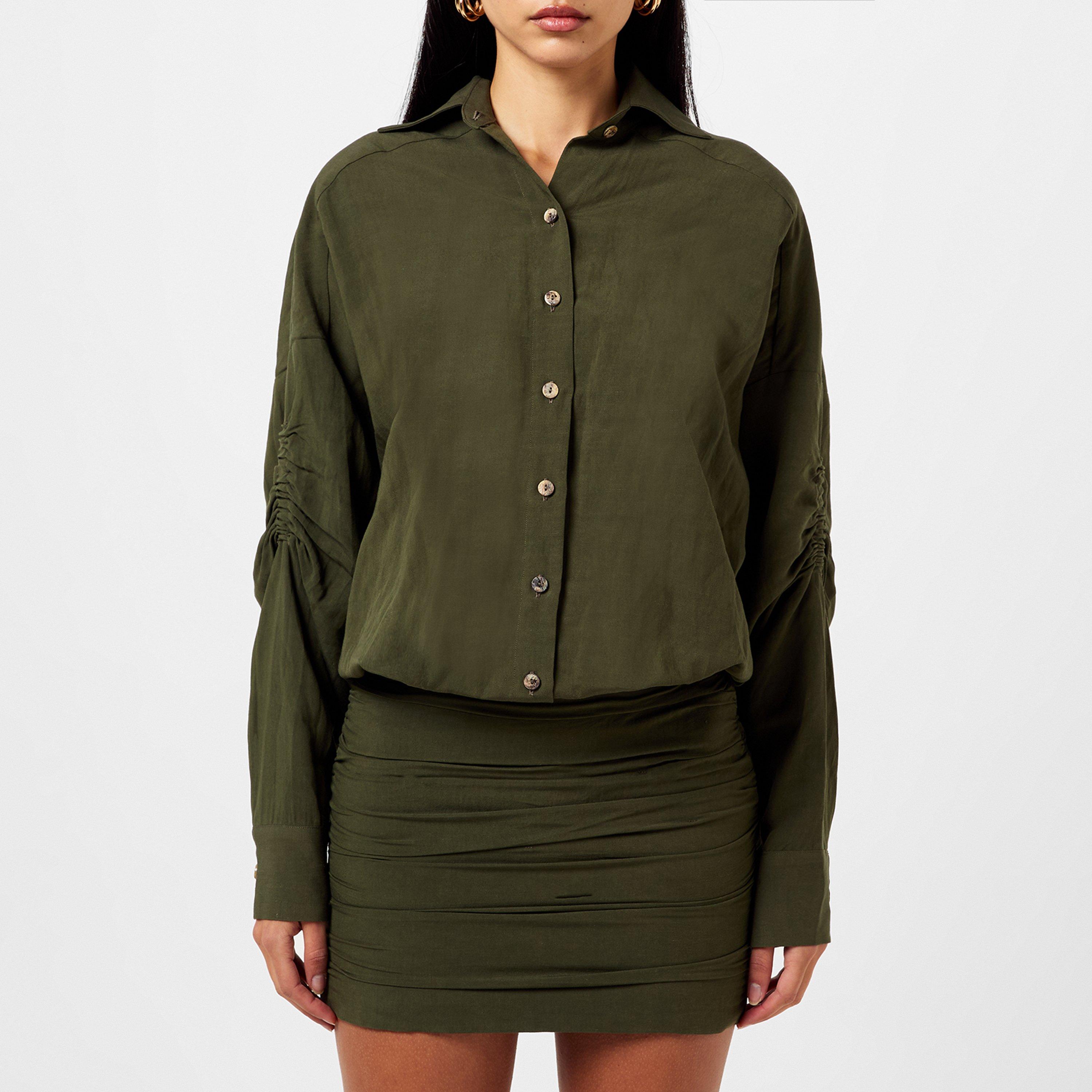 Olive - JBQ - Women's Gathered Button-Through Shirt Dress - 1