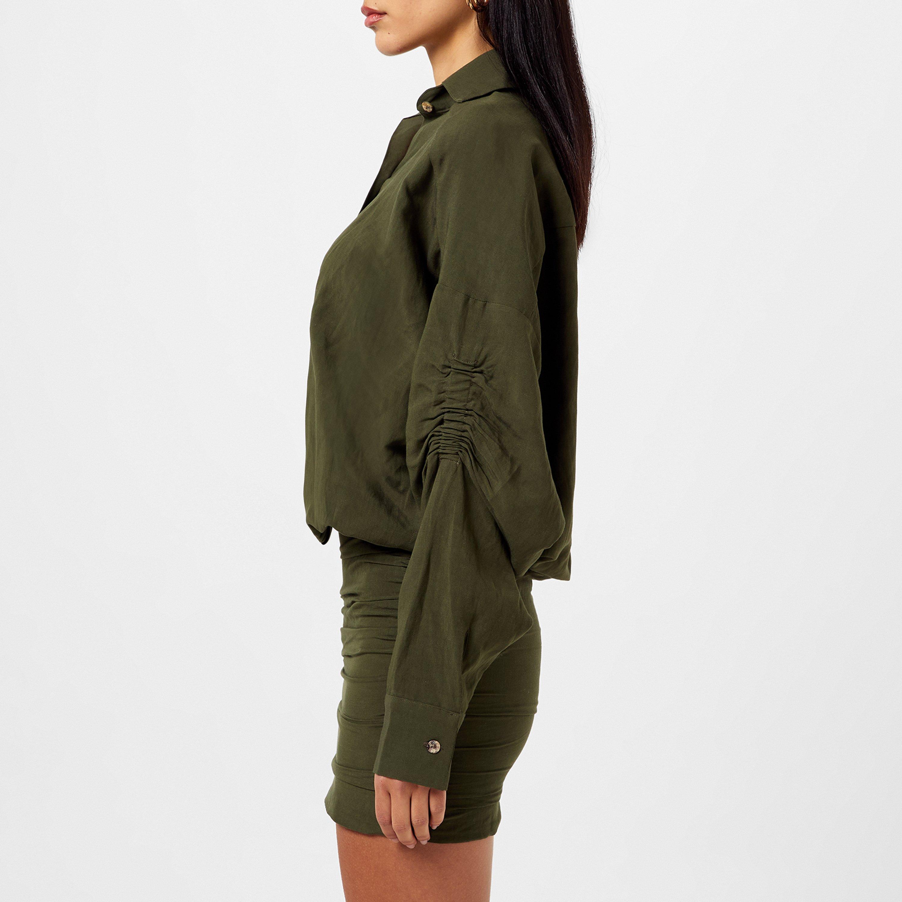 Olive - JBQ - Women's Gathered Shirt Dress - 2