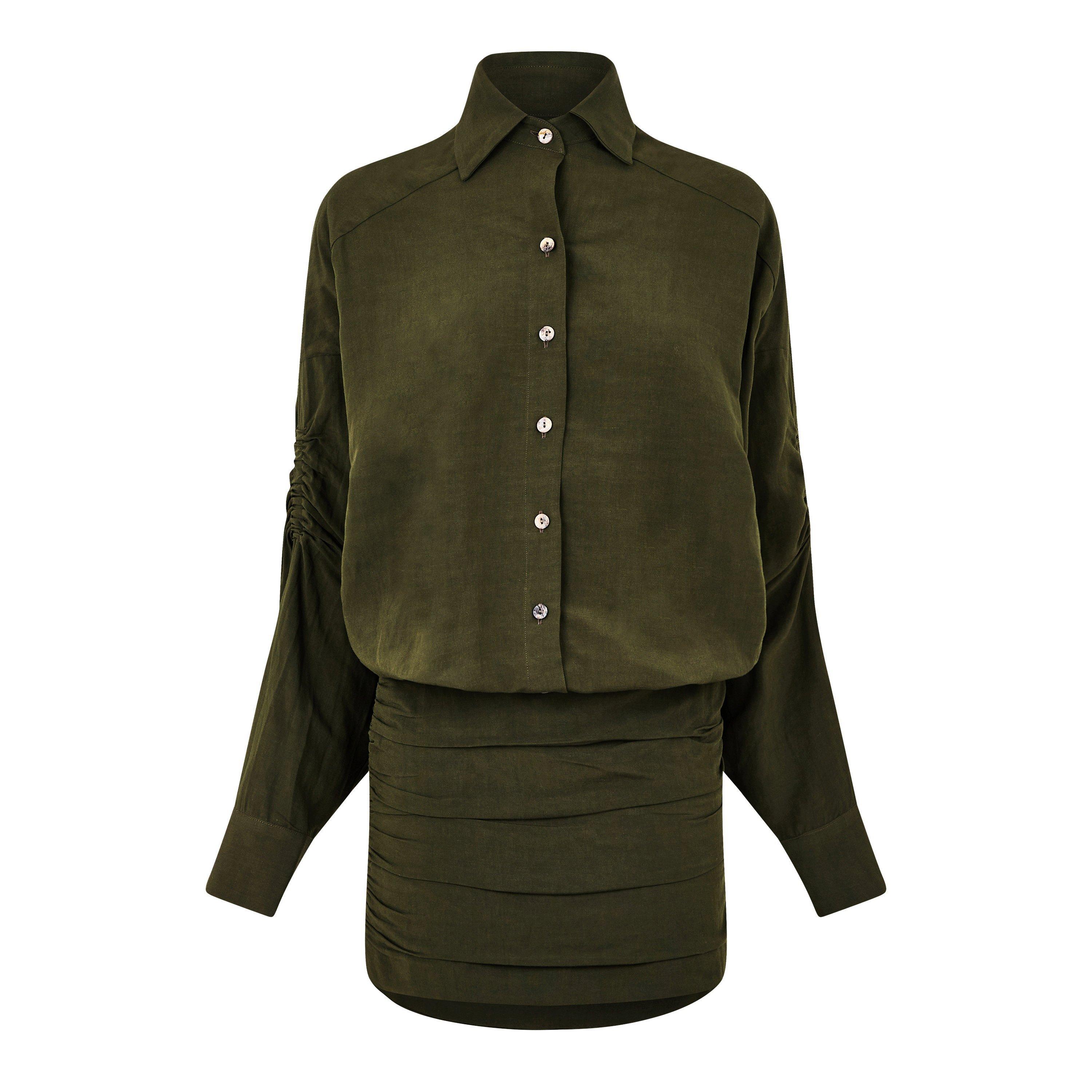 Olive - JBQ - Women's Gathered Shirt Dress - 5