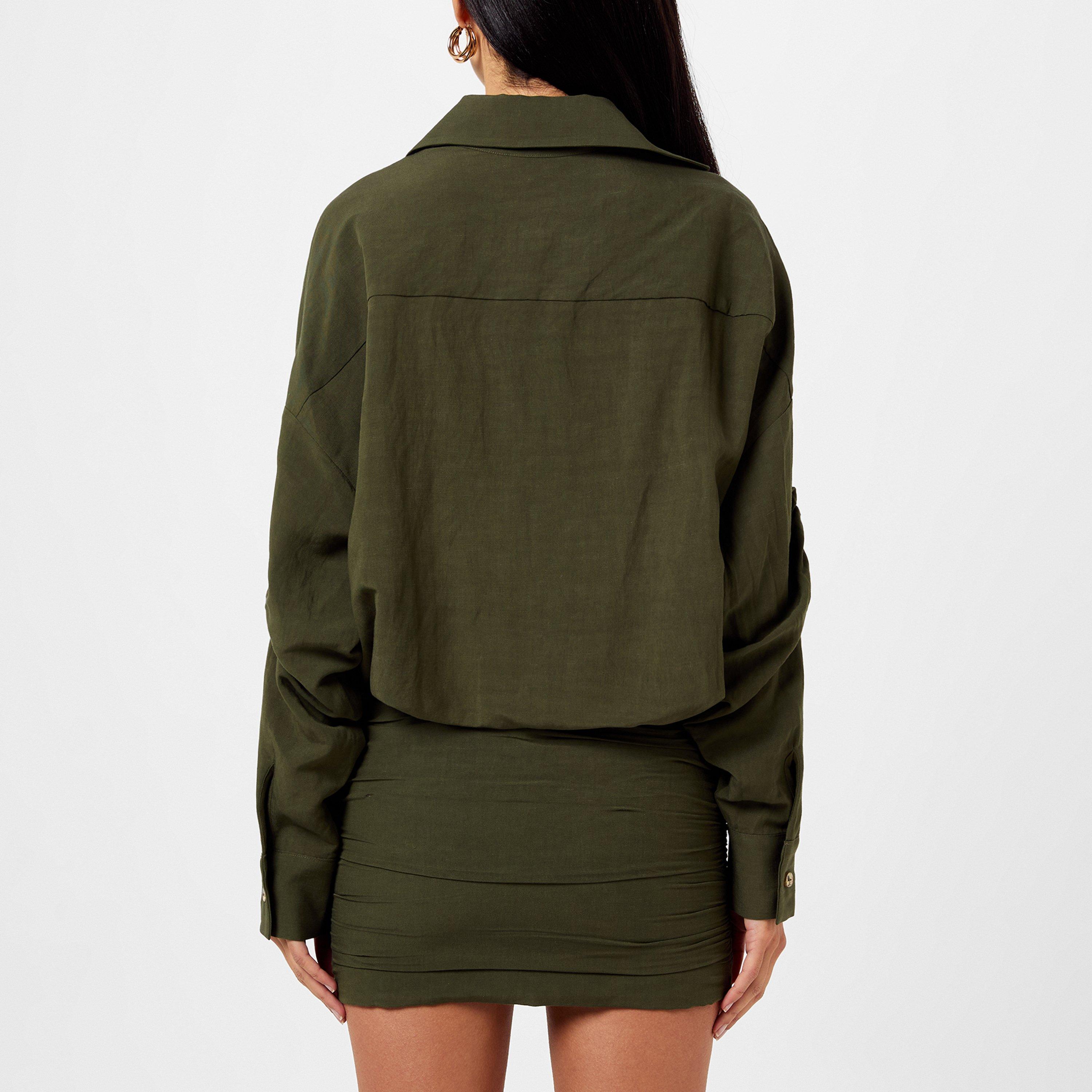 Olive - JBQ - Women's Gathered Shirt Dress - 3