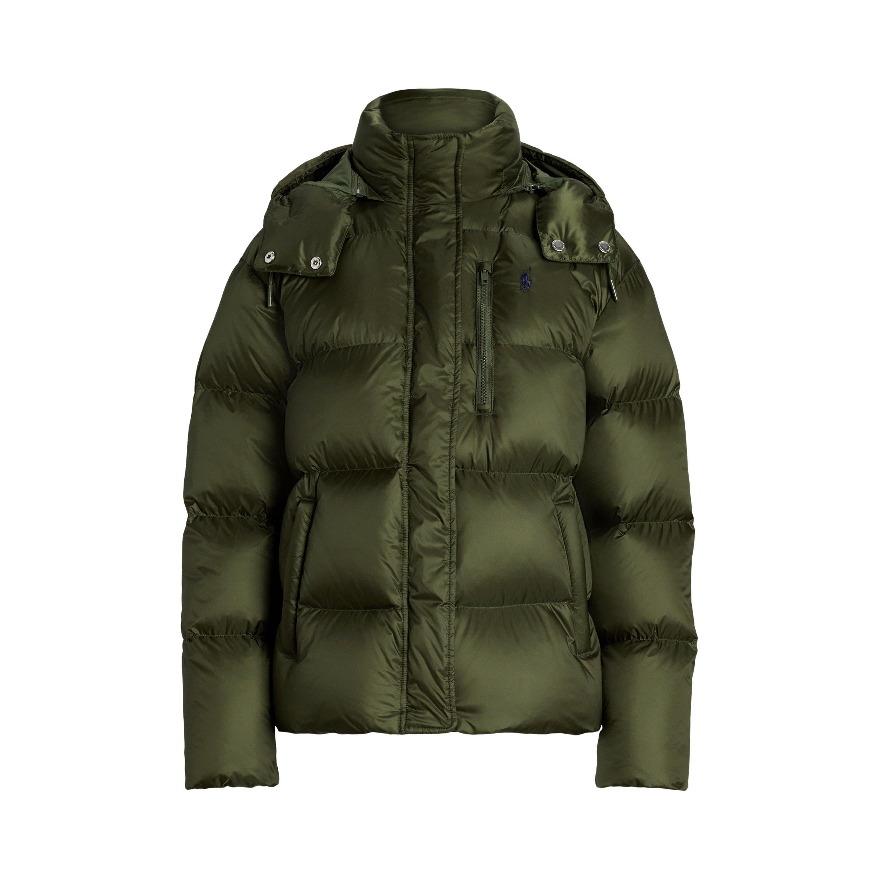 Polo Ralph Lauren Women's Olive Carly Water-Repellent Quilted Duck Down Wind Resistant Detachable Hood Short Puffer Jacket - 14 (L)