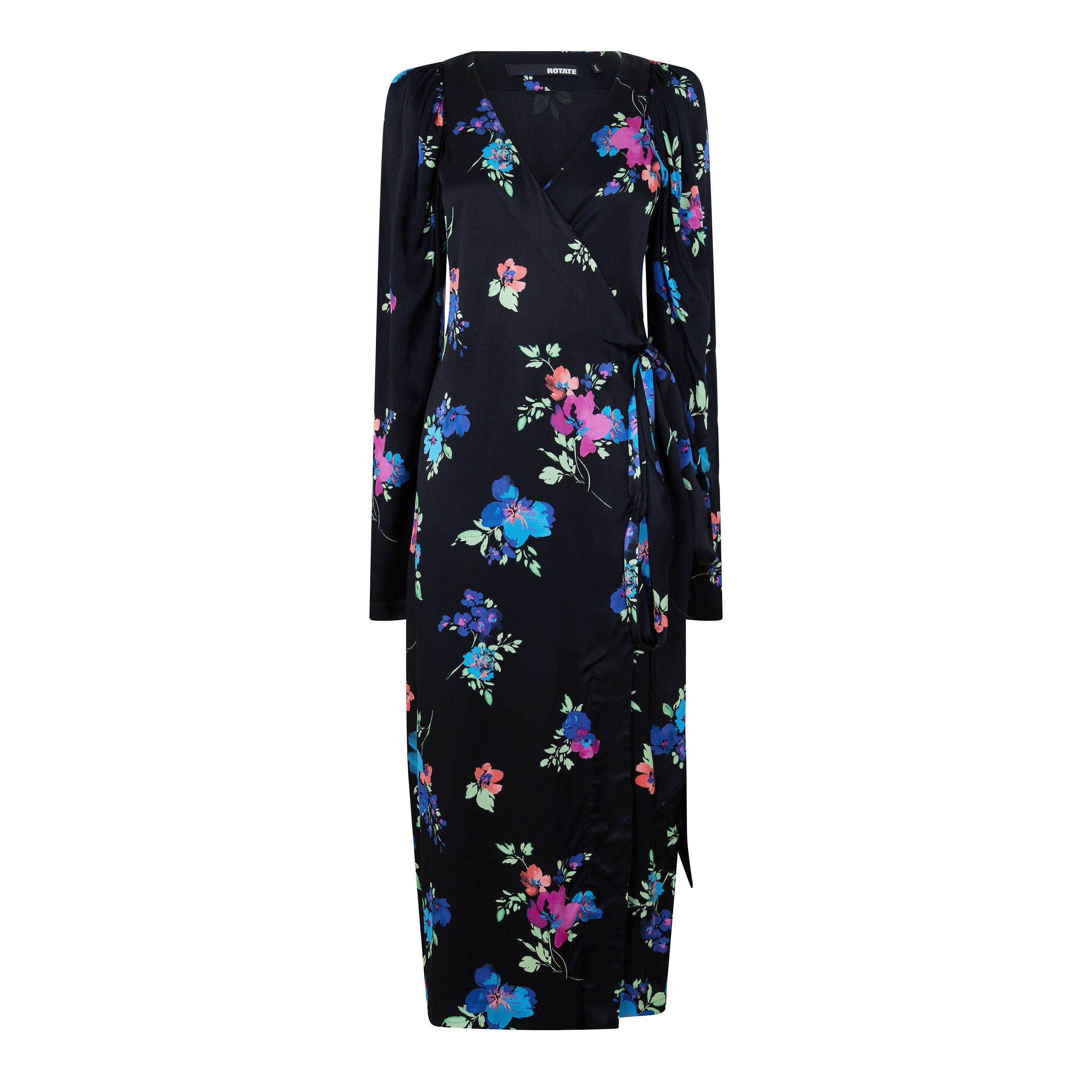 BLACK AND OTHER - Rotate - Women's Heavy Satin Puff-Sleeve Floral Wrap Dress - 1