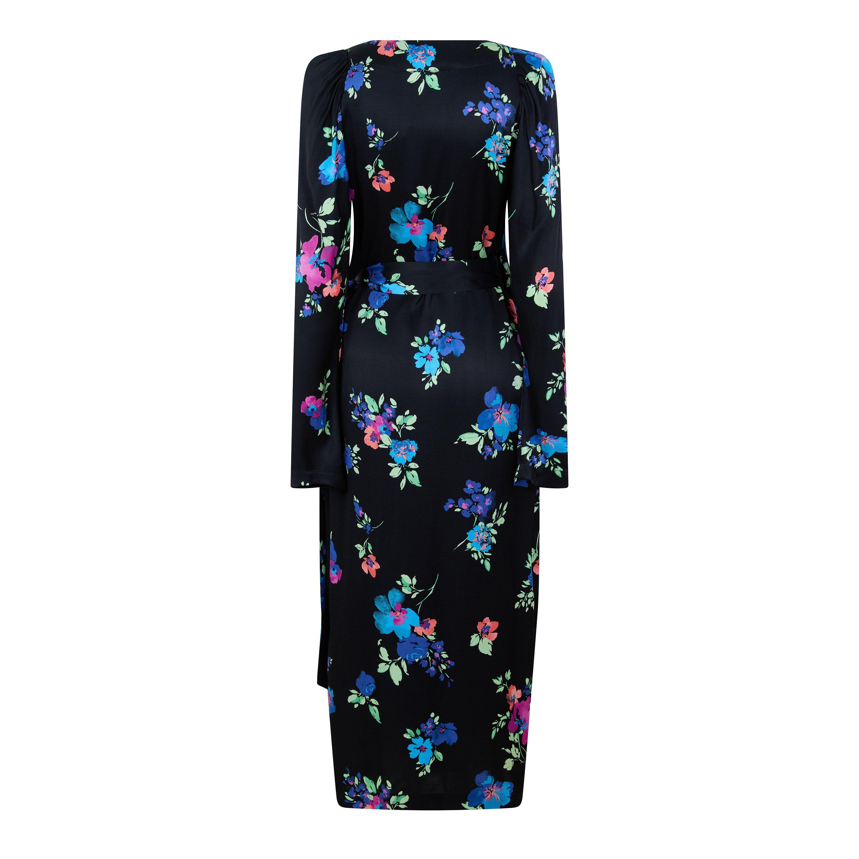 BLACK AND OTHER - Rotate - Women's Heavy Satin Puff-Sleeve Floral Wrap Dress - 2