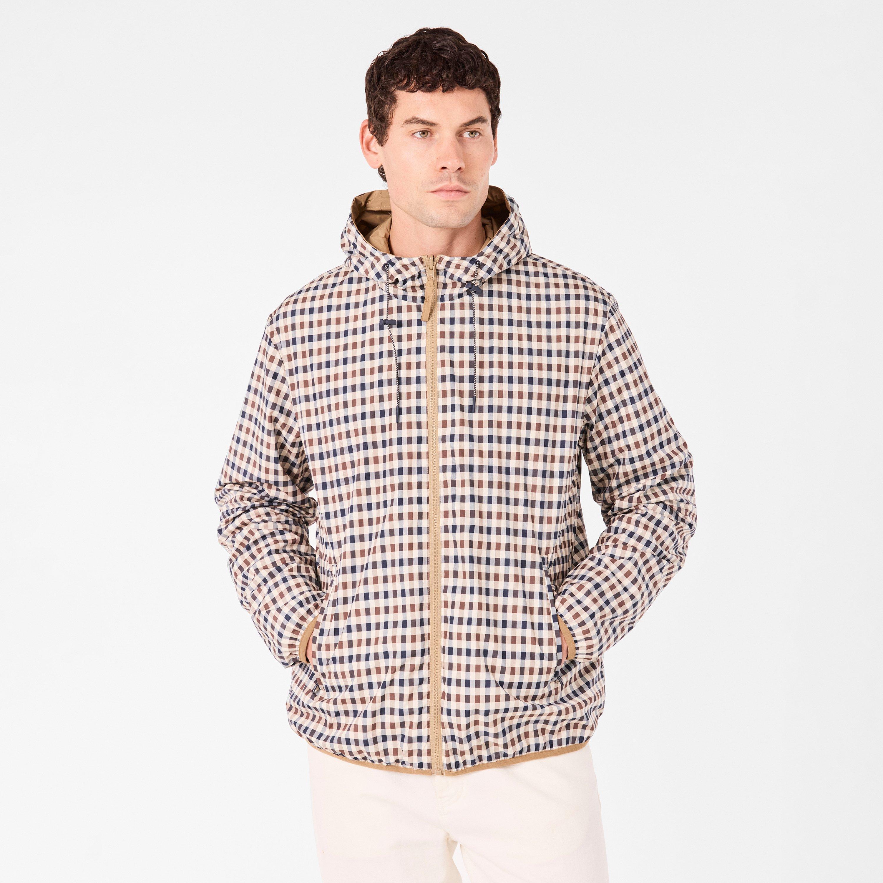 Khaki - Aquascutum - Men's Reversible Check Hooded Long Sleeve Rain Anorak - 3