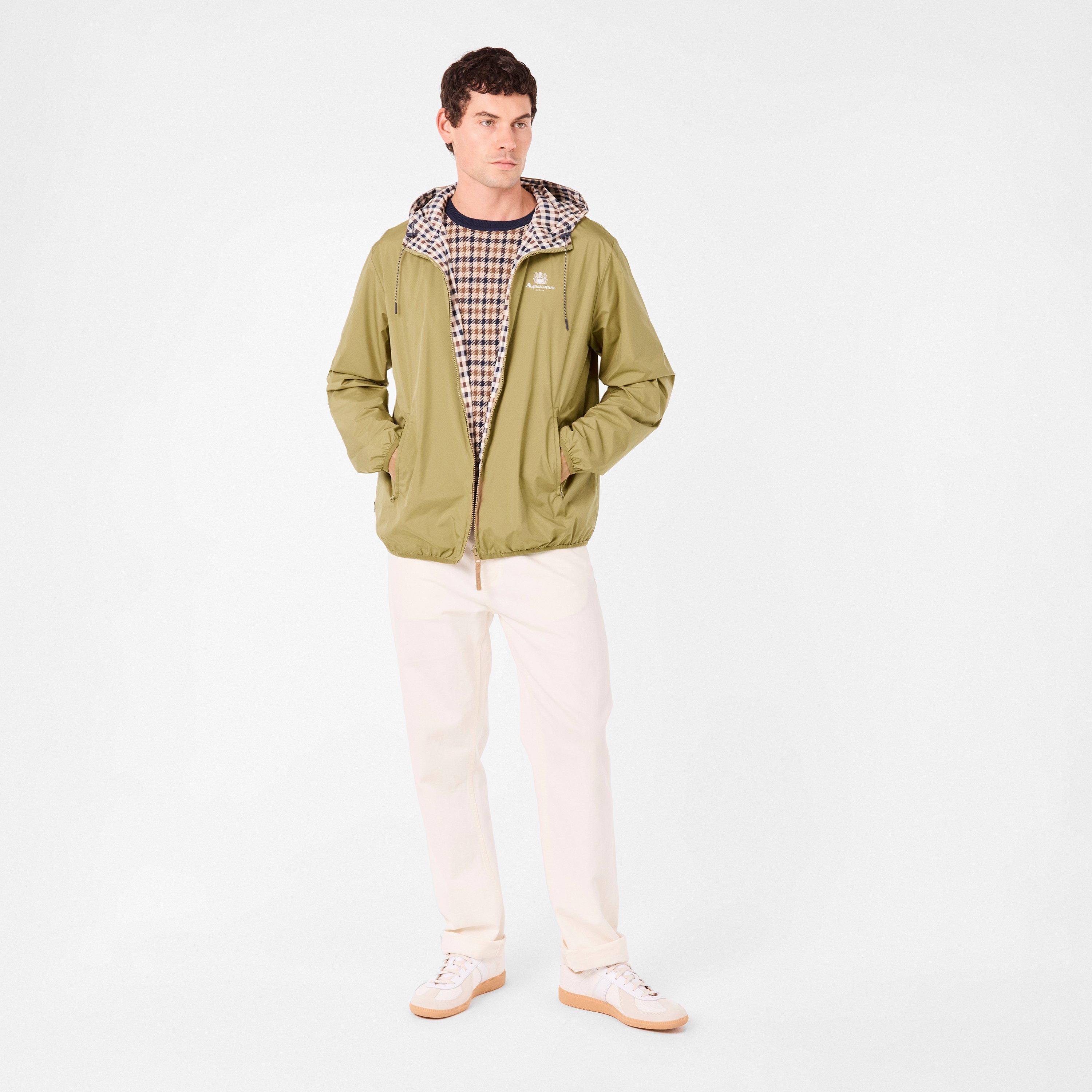 Khaki - Aquascutum - Men's Reversible Check Hooded Long Sleeve Rain Anorak - 6