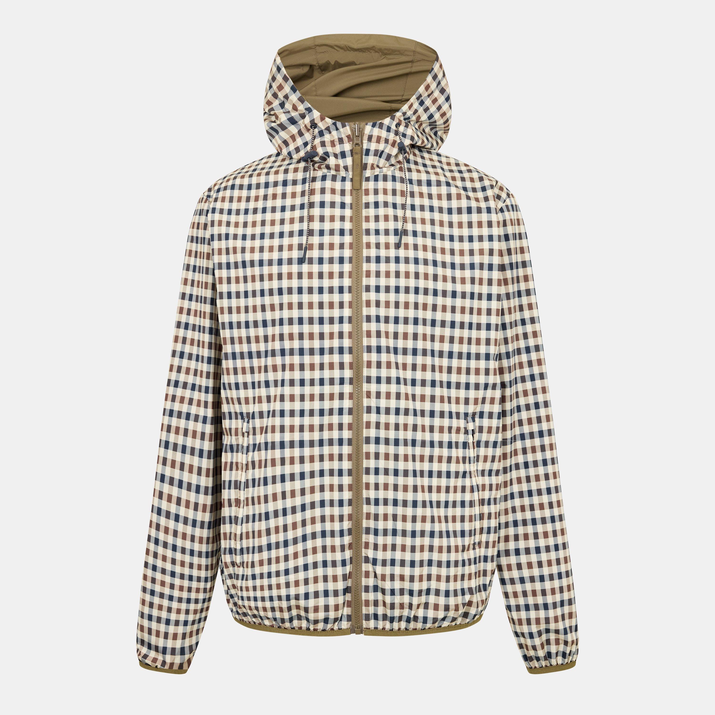Khaki - Aquascutum - Men's Reversible Check Hooded Long Sleeve Rain Anorak - 7