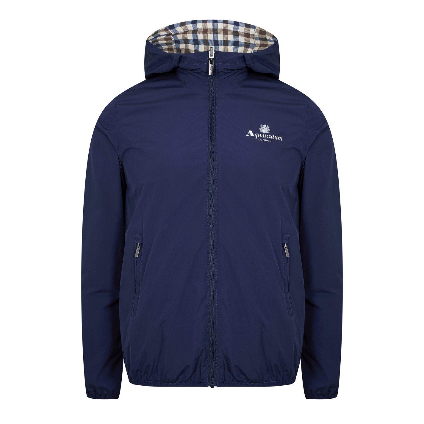 Aquascutum Men's Reversible Hooded Long Sleeve Rain Anorak - Navy/Check - 2X Large