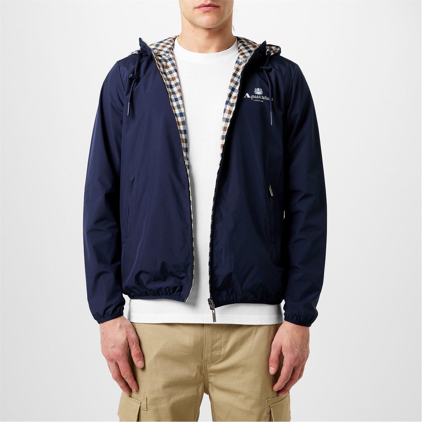 Navy/Check - Aquascutum - Men's Reversible Check Hooded Long Sleeve Rain Anorak - 5