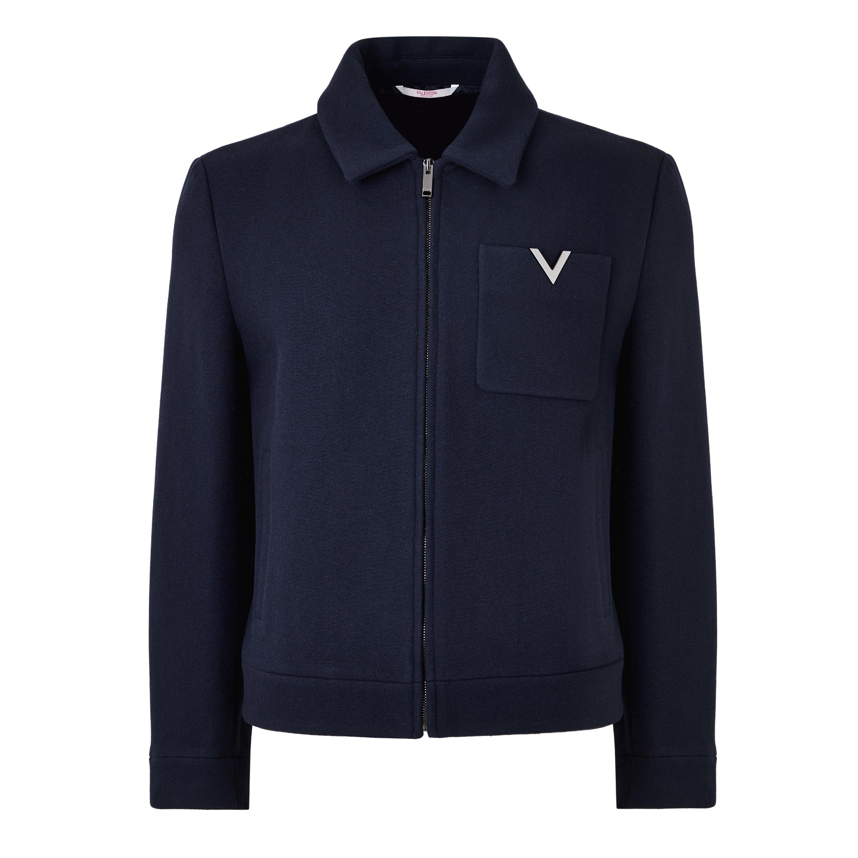 Navy - Valentino - Men's Vlogo Detail Virgin Wool Long Sleeve Zip Overshirt - 5