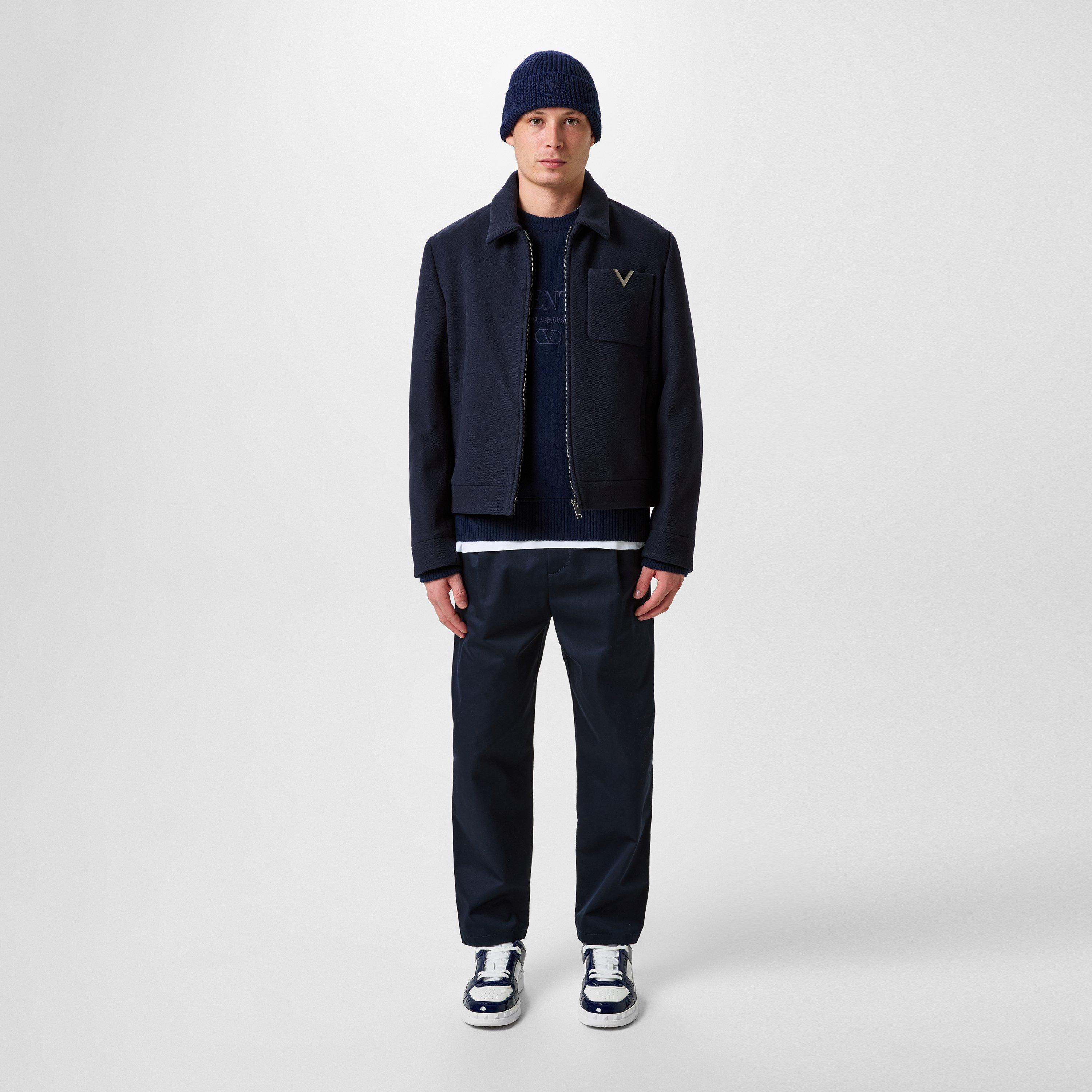 Navy - Valentino - Men's Vlogo Detail Virgin Wool Long Sleeve Zip Overshirt - 4