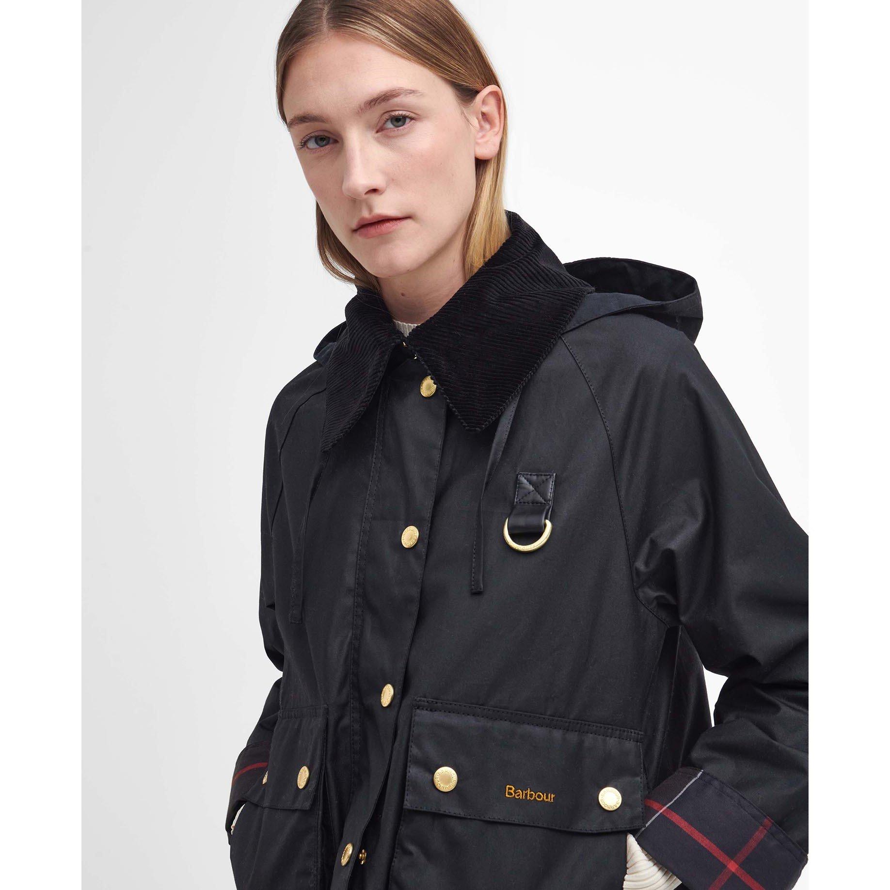 Black/Classic - Barbour - Women's Reighton Spey Hooded Long Sleeve Wax Jacket - 4