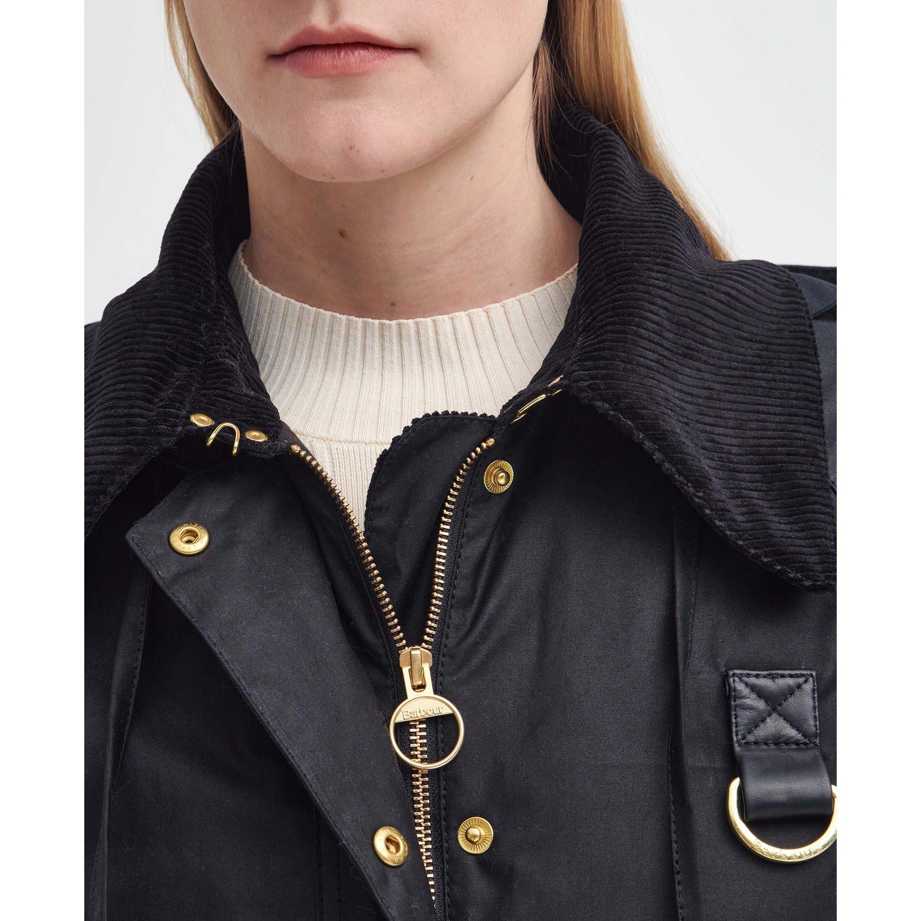 Black/Classic - Barbour - Women's Reighton Spey Hooded Long Sleeve Wax Jacket - 5