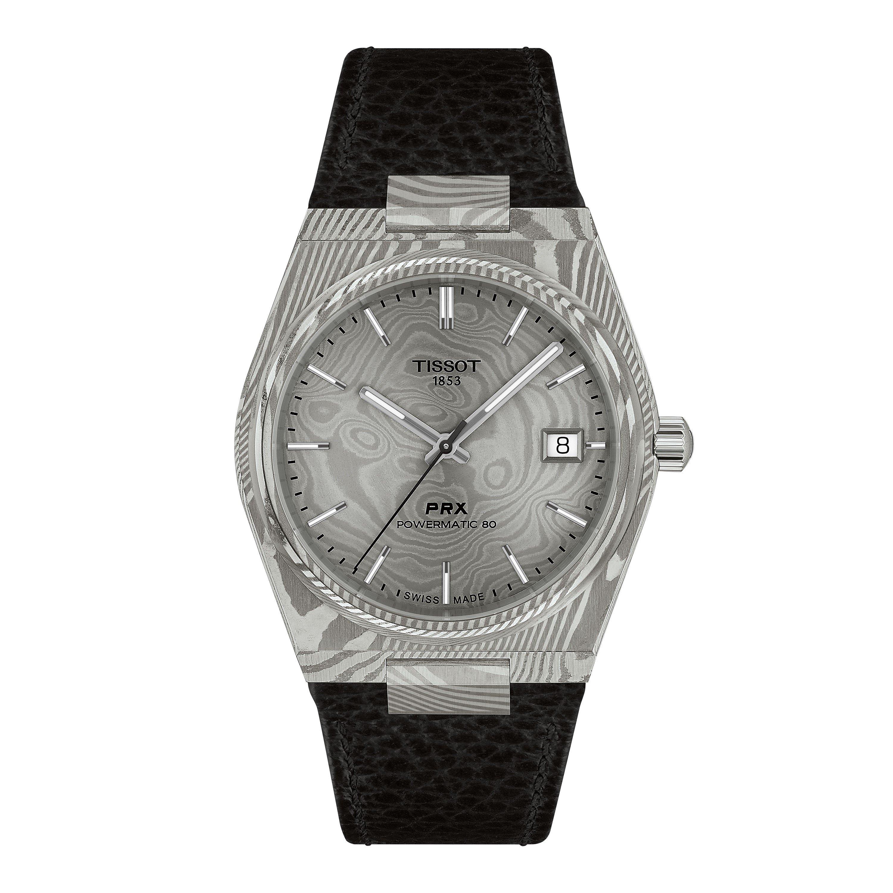 Tissot PRX 38mm Automatic Watch with Damascus Stainless Steel Case and Black Leather Strap for Men - Image 5