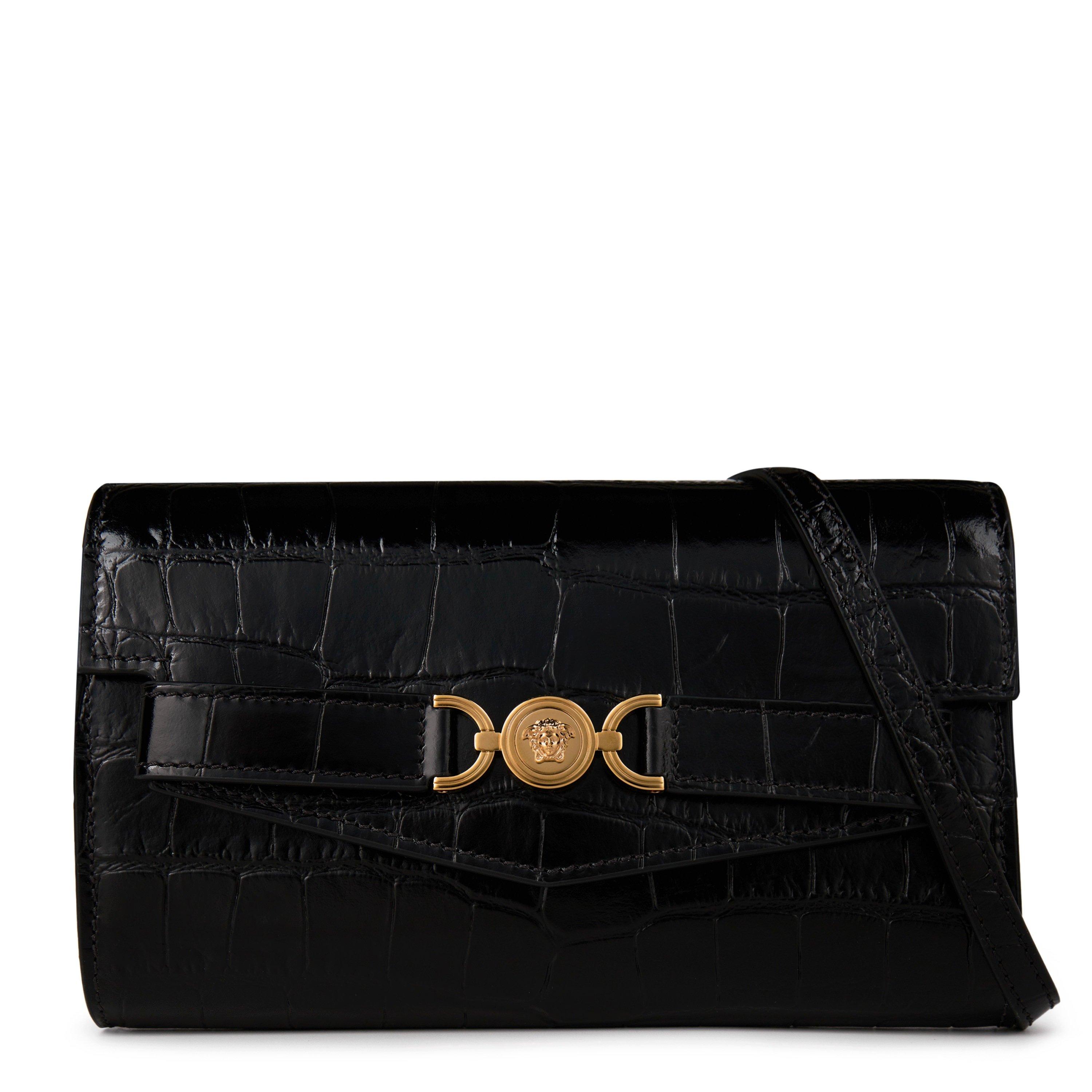 Black/Gold - Versace - Women's Croc Effect Medusa Crossbody Mini Bag - 1