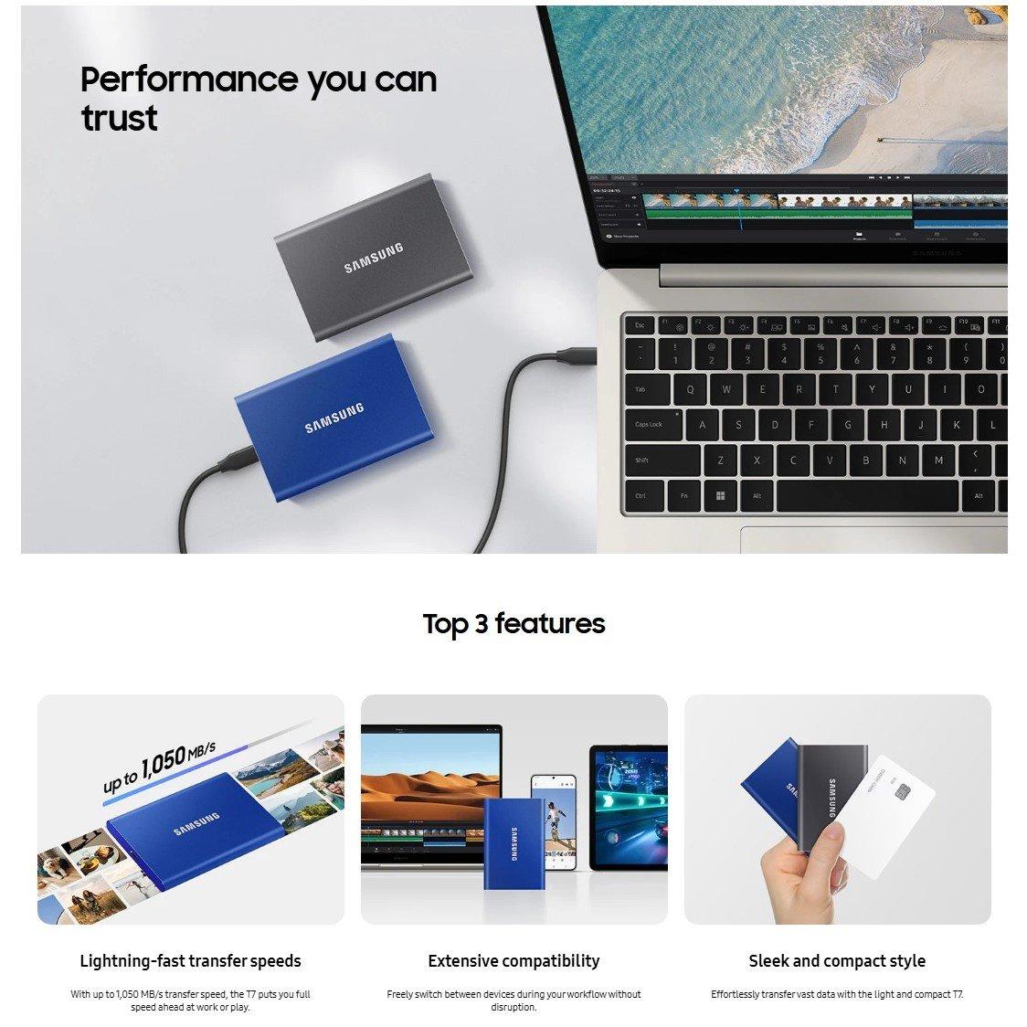 Grå - Samsung - T7 Portable SSD - 2TB - USB 3.2 Gen.2 External SSD Titanium Grey - 3