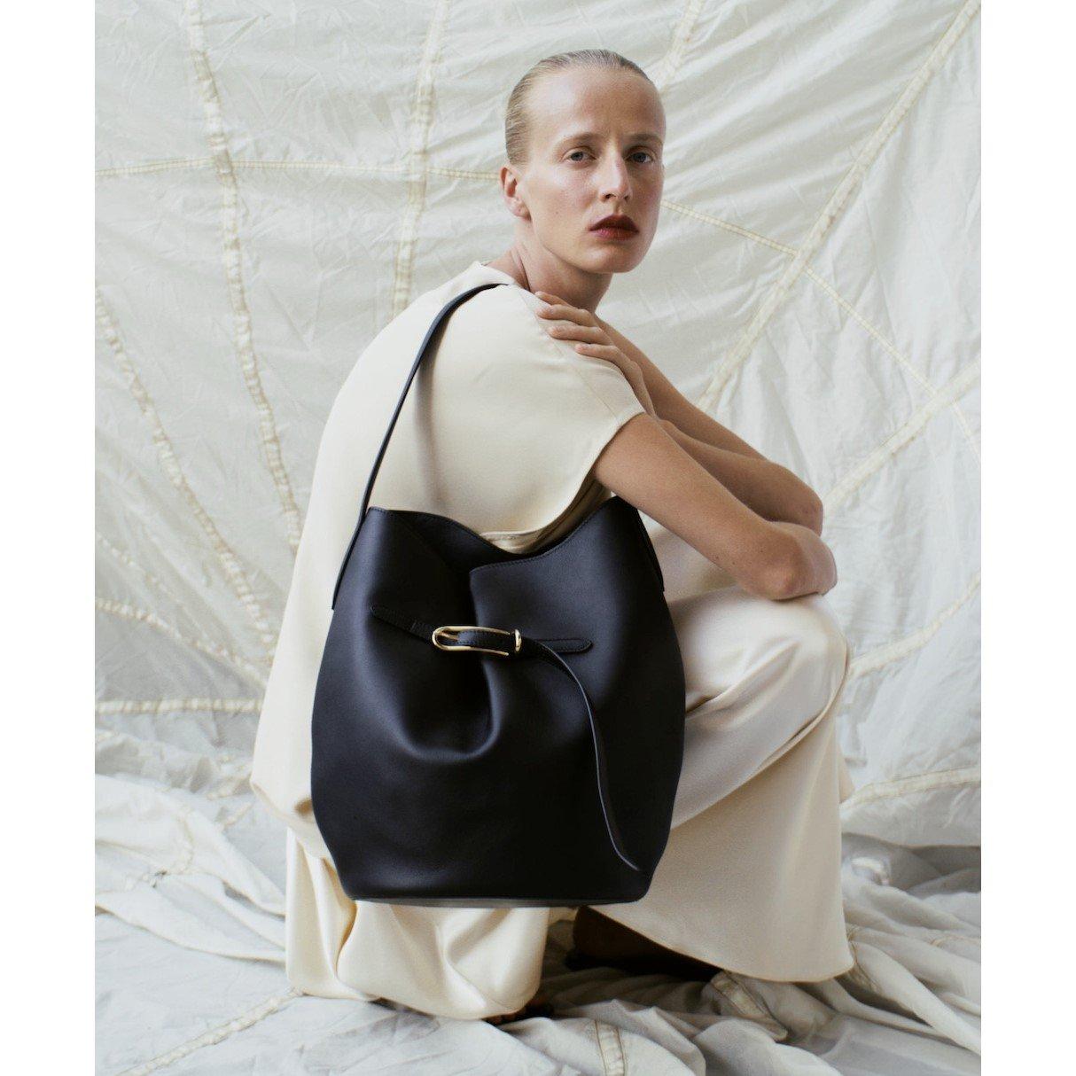 Black Leather - Liffner - Large Belted Bucket Bag - 2