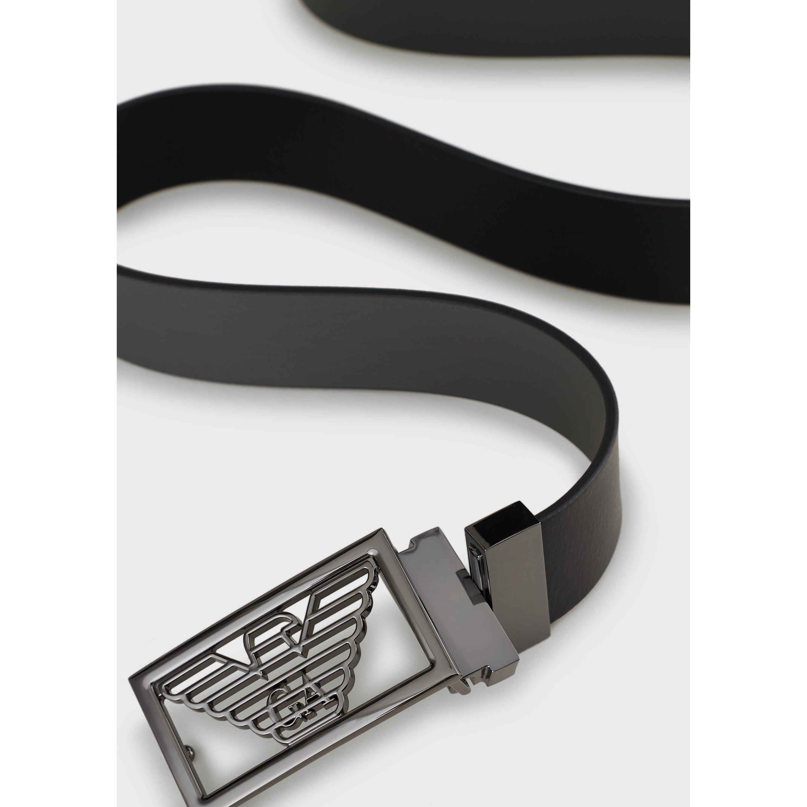 Black - Emporio Armani - Men's Eagle Plate Leather Belt - 3