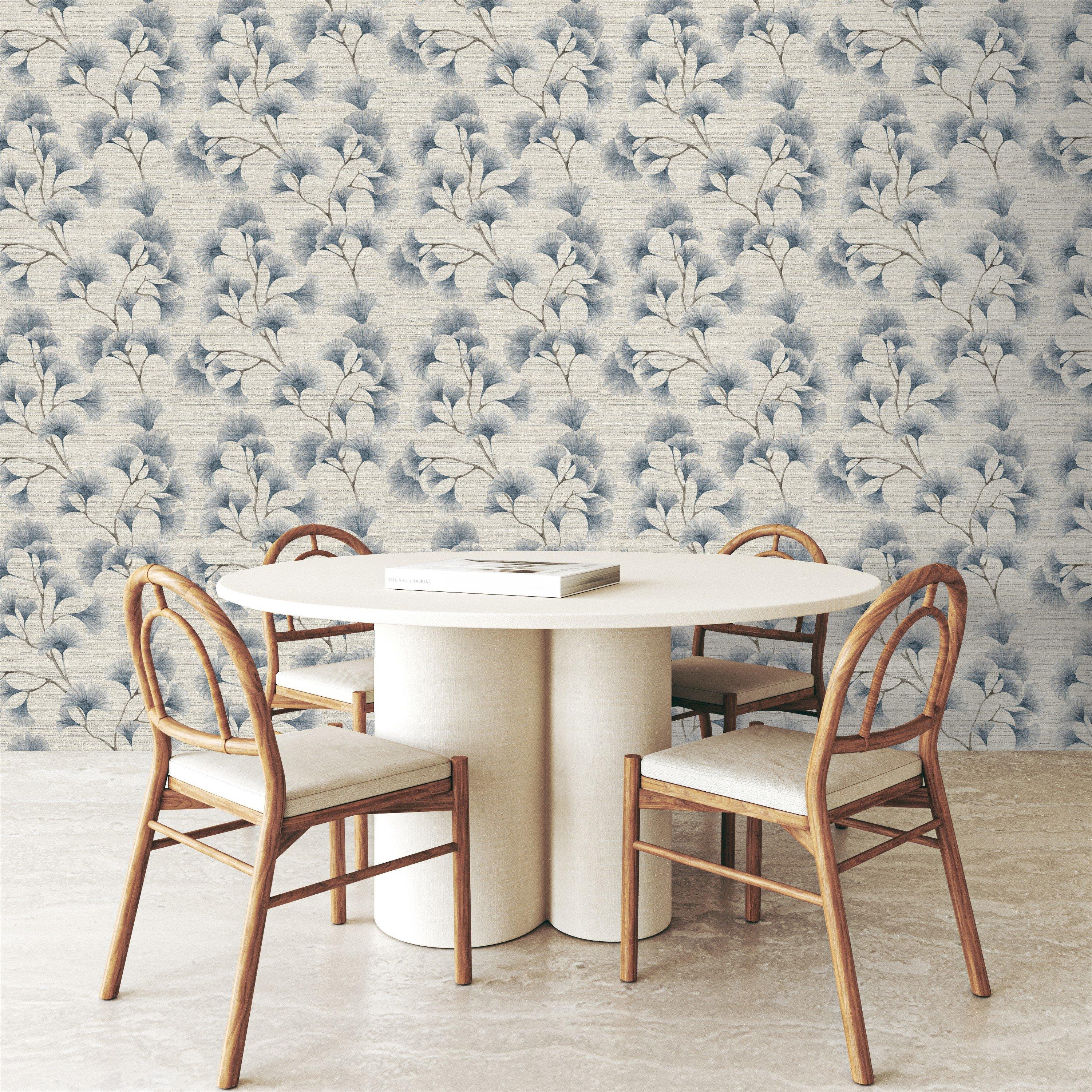 Blue - Arthouse - Ginkgo Leaf Trail Blue / Grey Wallpaper - 2