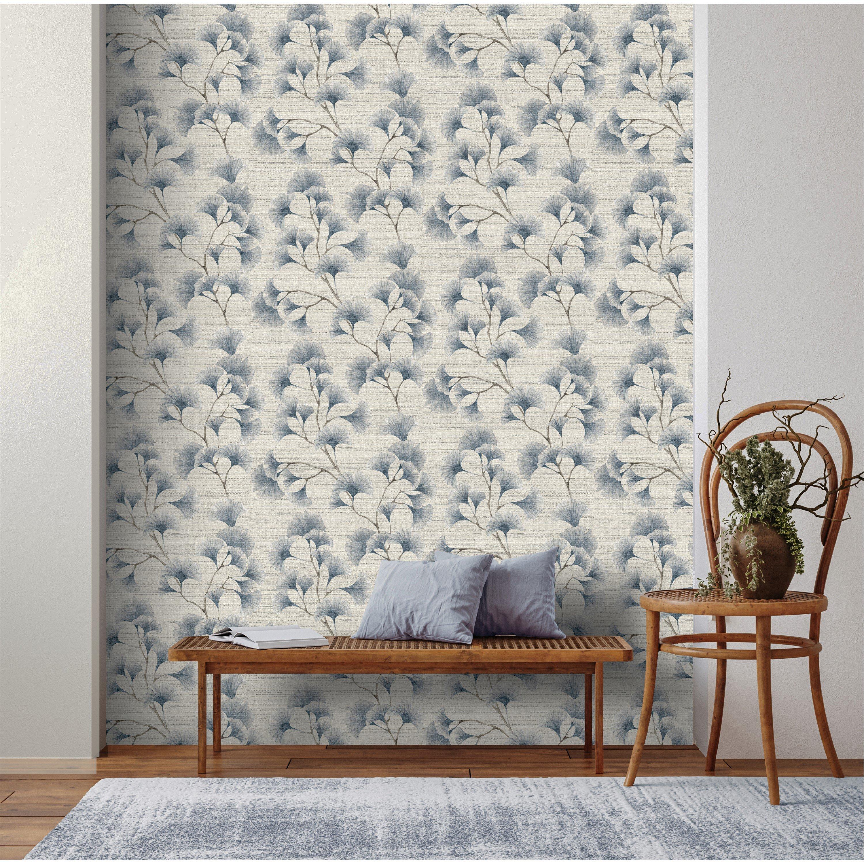 Blue - Arthouse - Ginkgo Leaf Trail Blue / Grey Wallpaper - 3