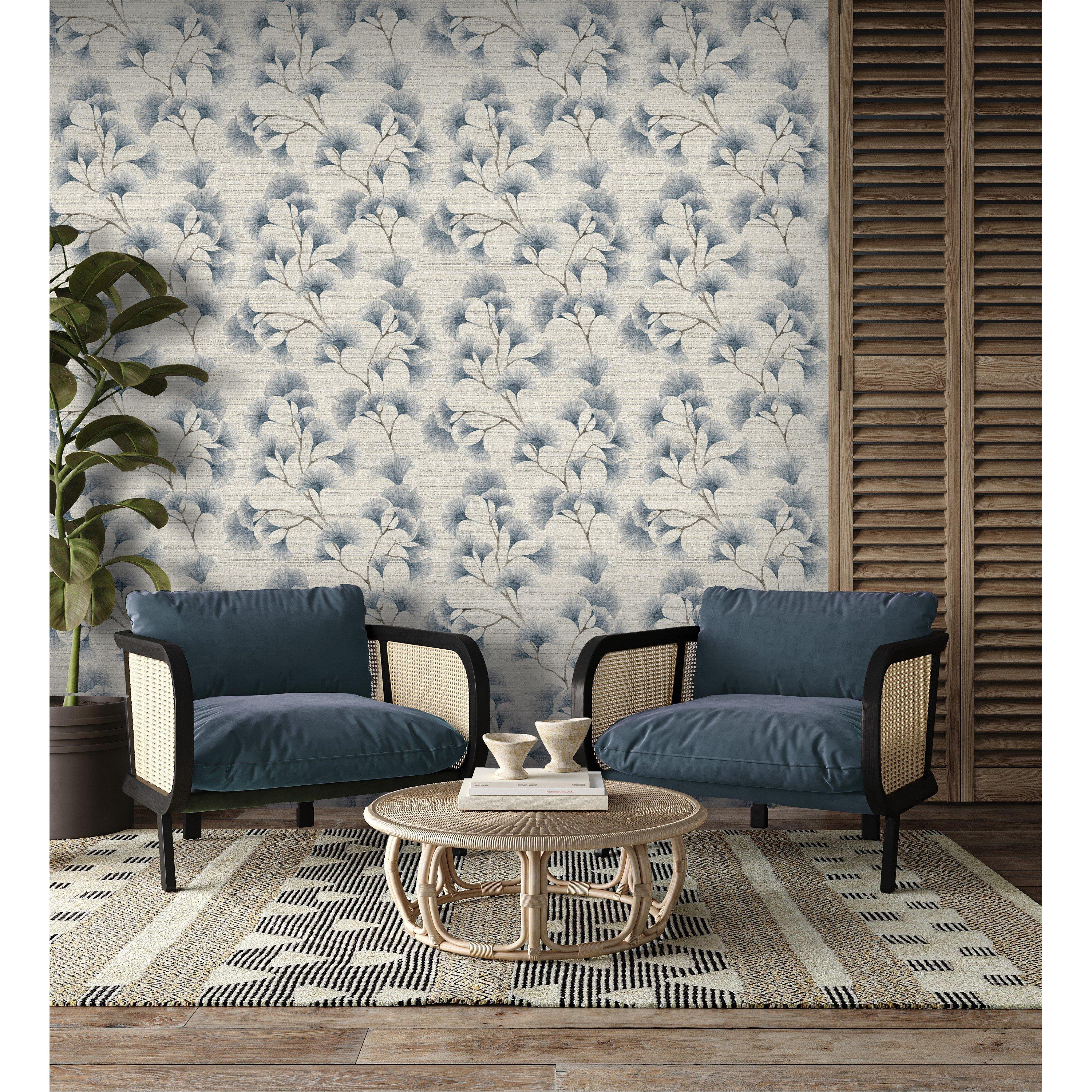 Blue - Arthouse - Ginkgo Leaf Trail Blue / Grey Wallpaper - 4
