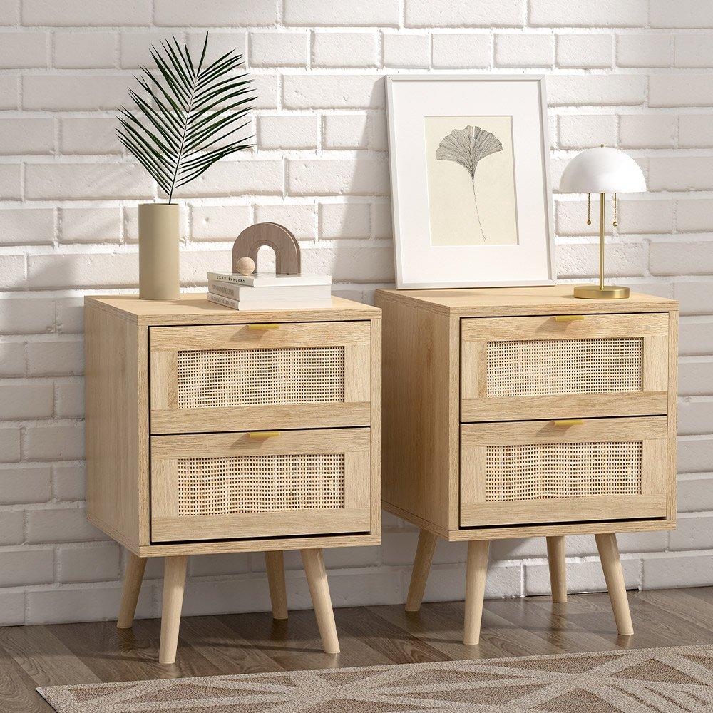Brown - Kabinet UK - 2 PCS Wood and Rattan Cabinets with 2 Drawers - 1