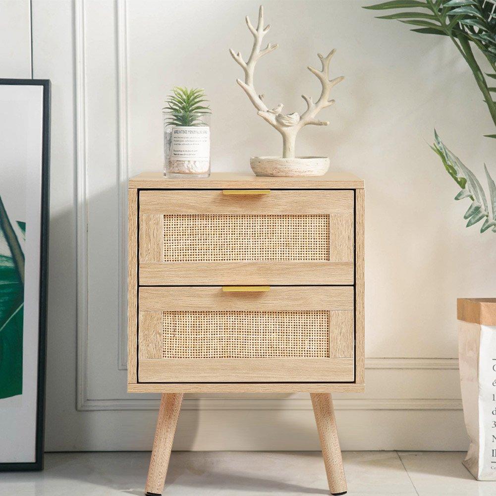 Brown - Kabinet UK - 2 PCS Wood and Rattan Cabinets with 2 Drawers - 3