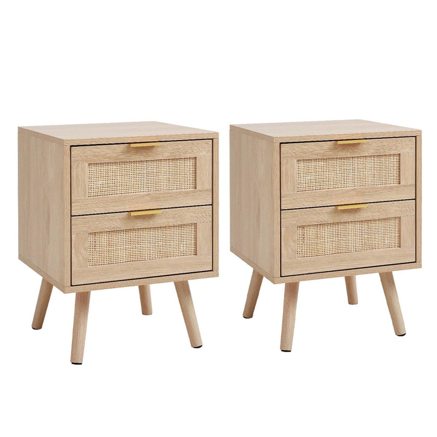 Brown - Kabinet UK - 2 PCS Wood and Rattan Cabinets with 2 Drawers - 4