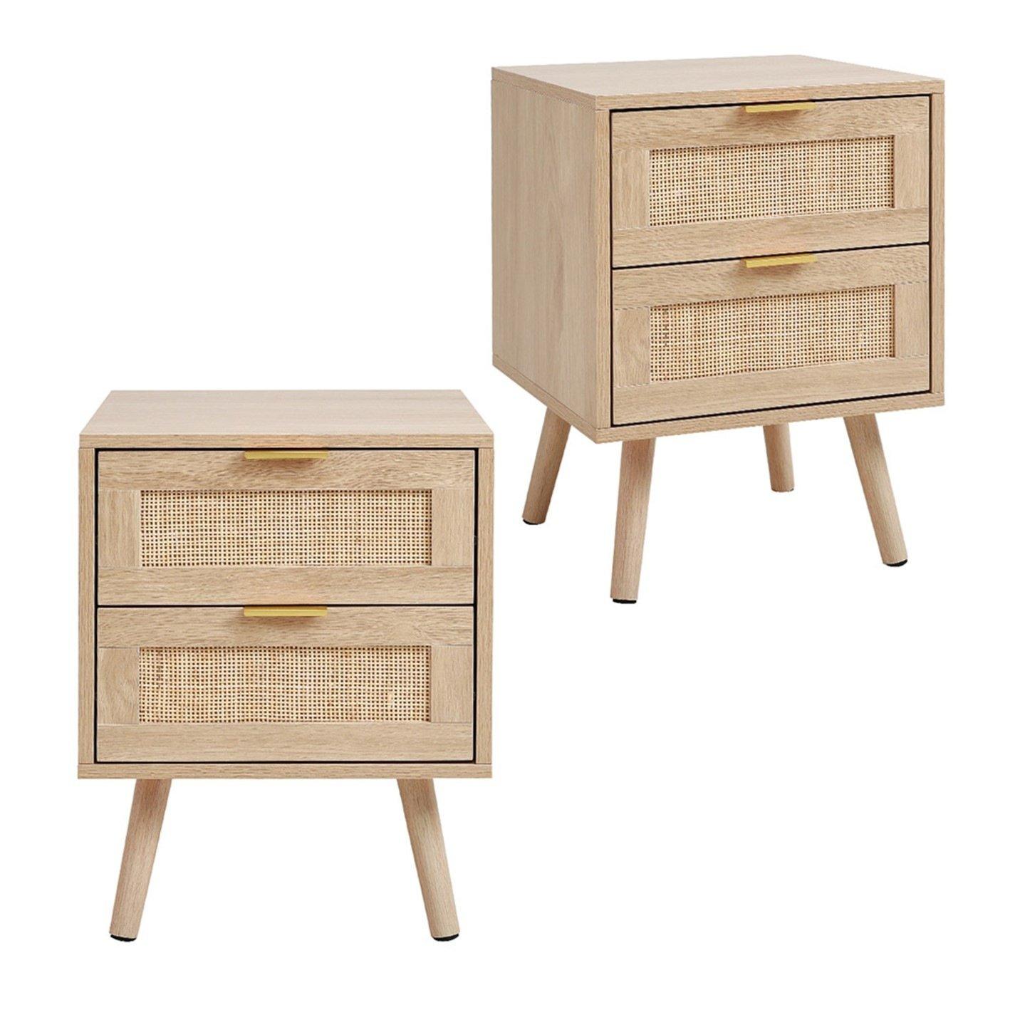 Brown - Kabinet UK - 2 PCS Wood and Rattan Cabinets with 2 Drawers - 5