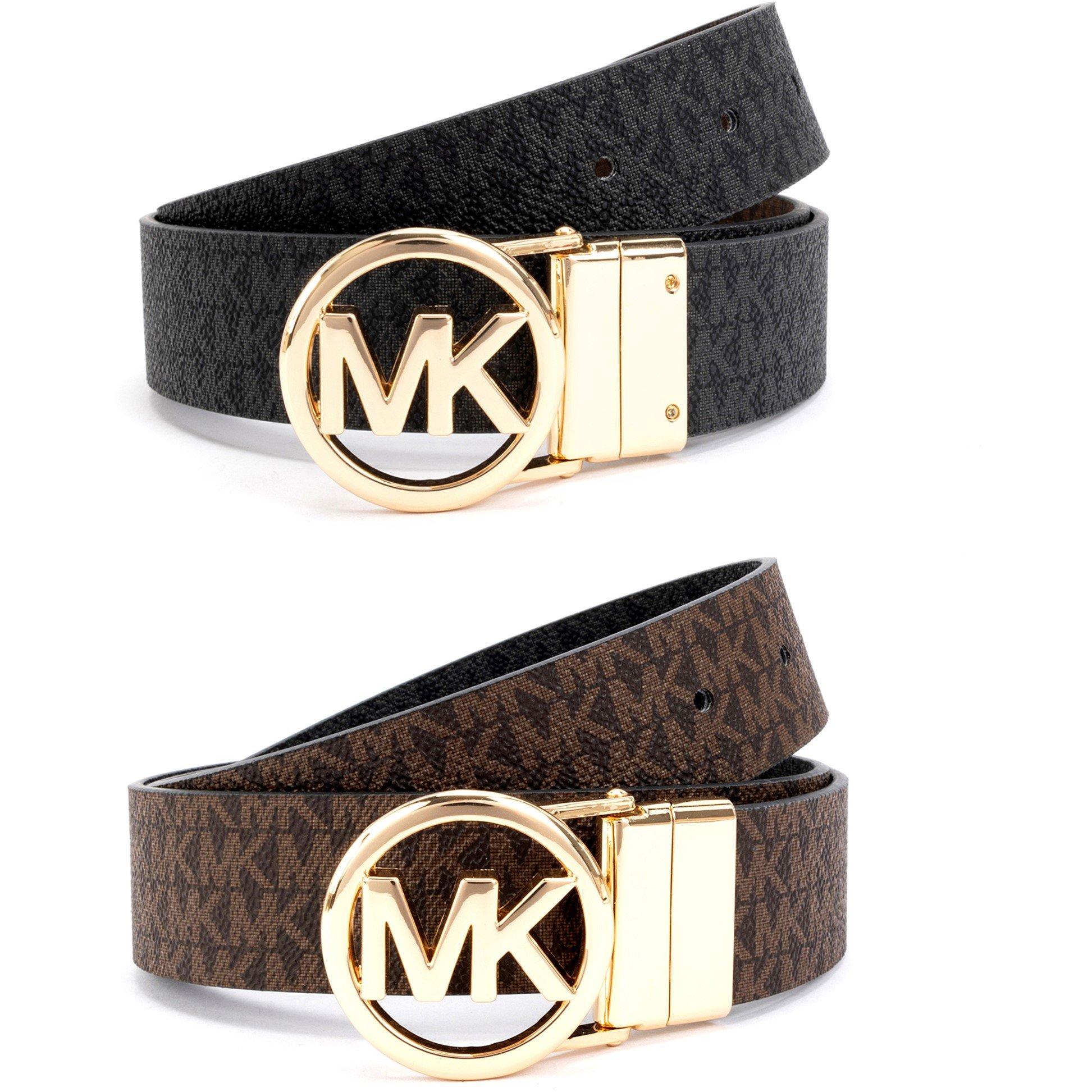 Brown Rev - MICHAEL Michael Kors - Women's Round Logo Reversible Leather Belt - 2