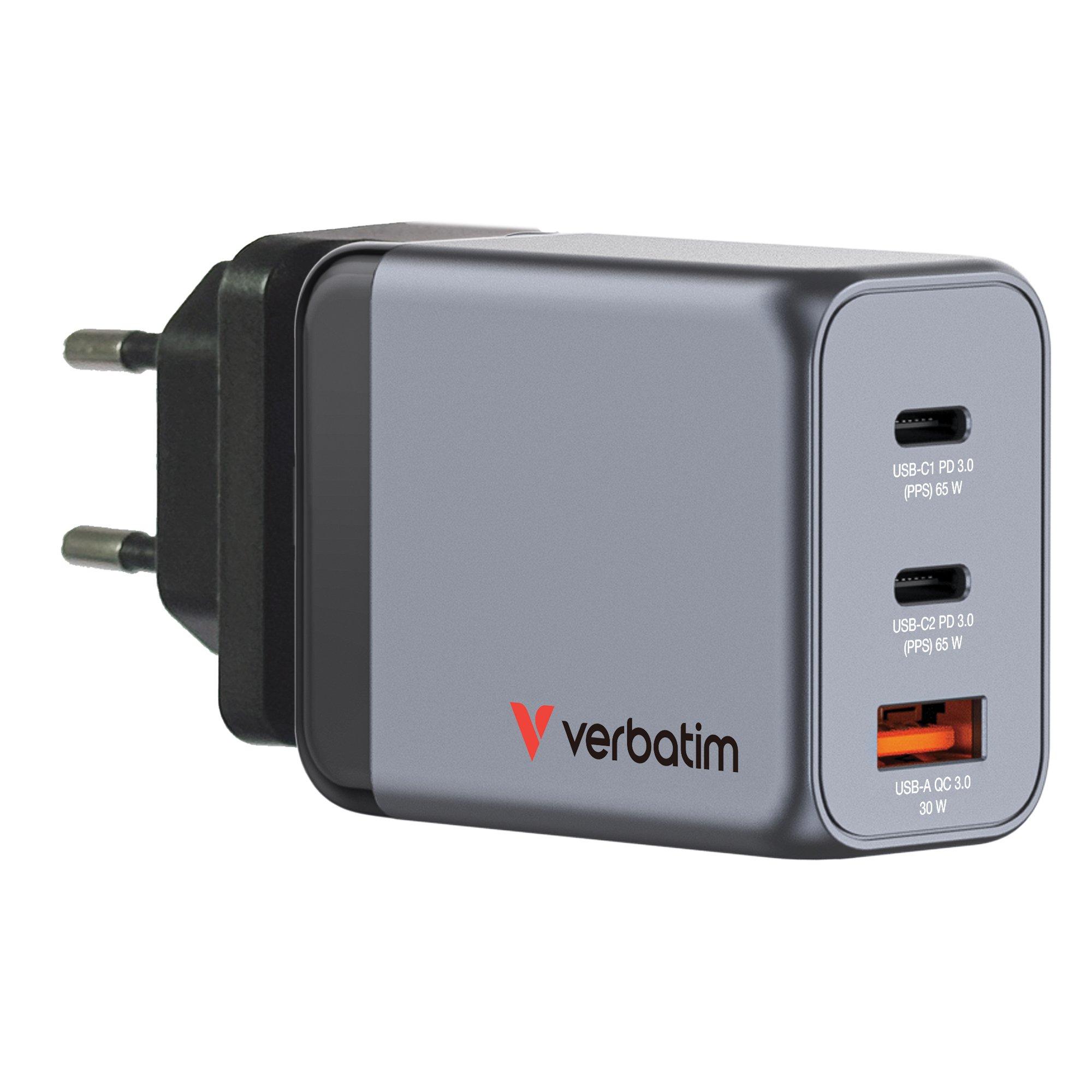 Black - Verbatim - 65W 3-Port GaN Wall Charger - 1
