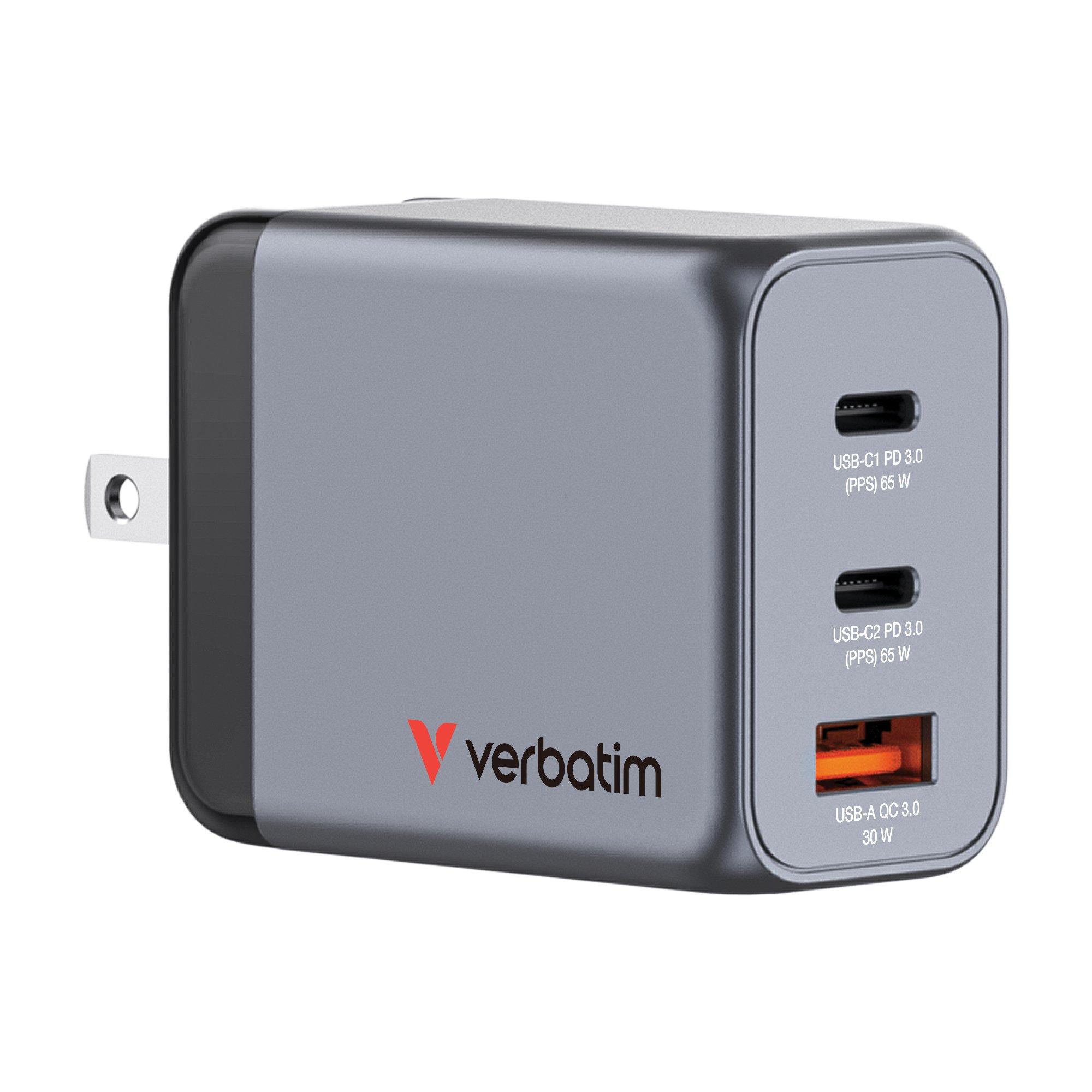Black - Verbatim - 65W 3-Port GaN Wall Charger - 2