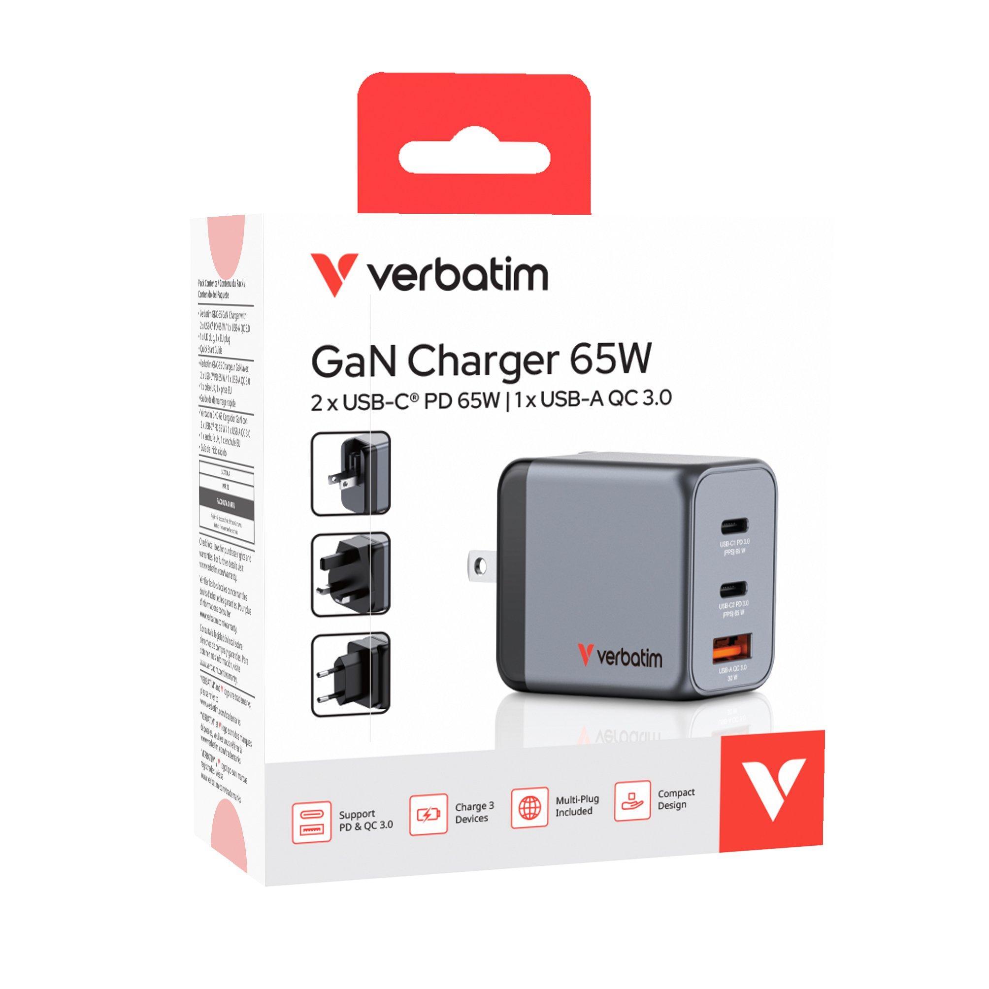 Black - Verbatim - 65W 3-Port GaN Wall Charger - 7