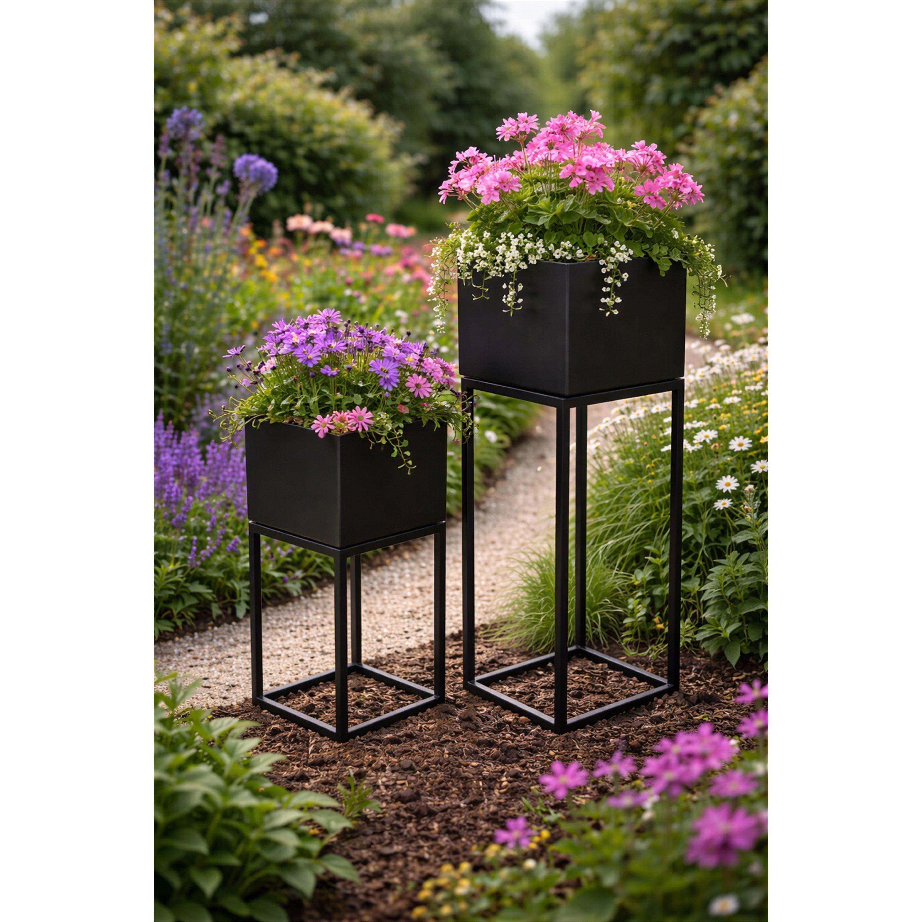 Black - Linea - Set Of 2 Square Metal Planters - 1