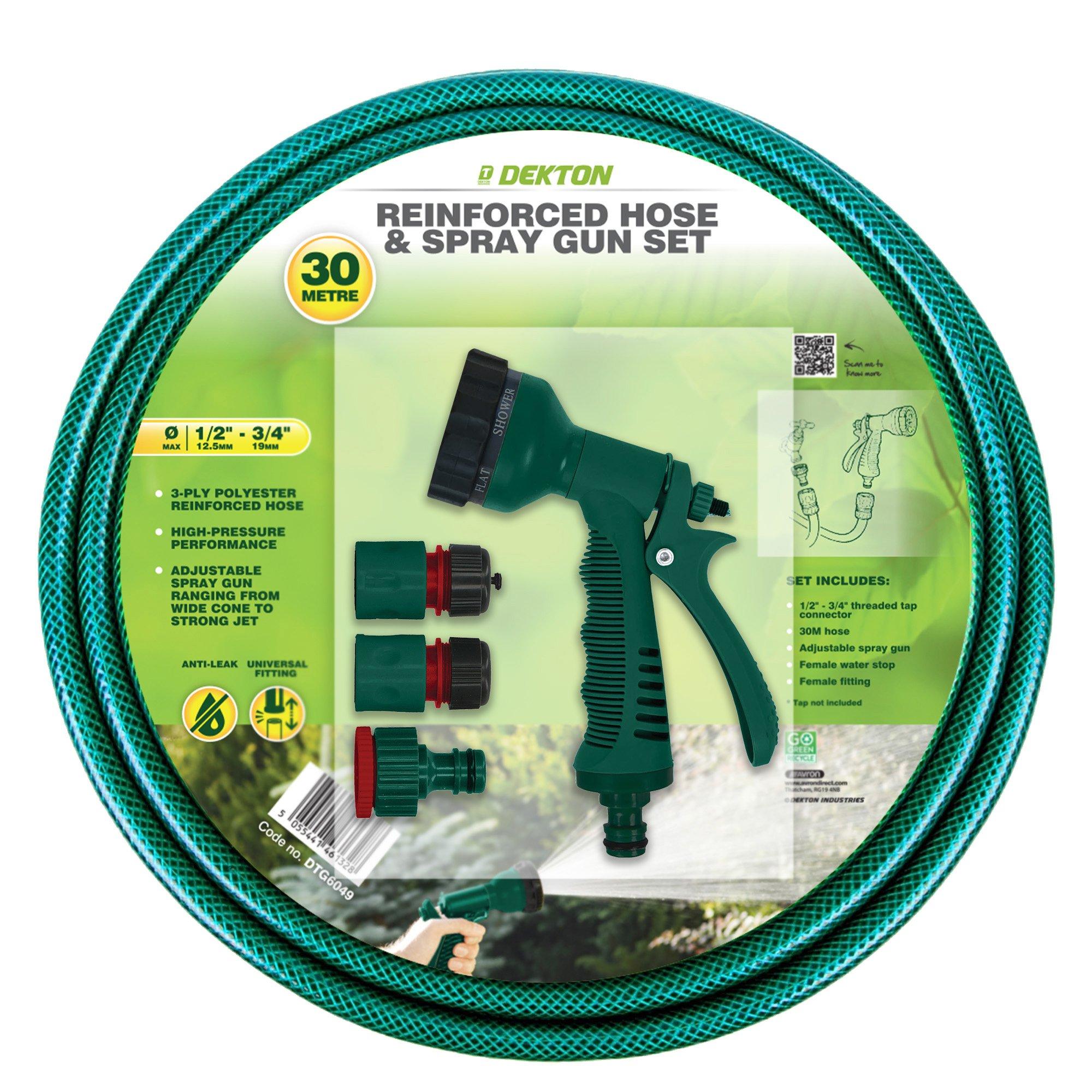 Dekton  30 Metre Reinforced Hose & Spray Gun Set - Green