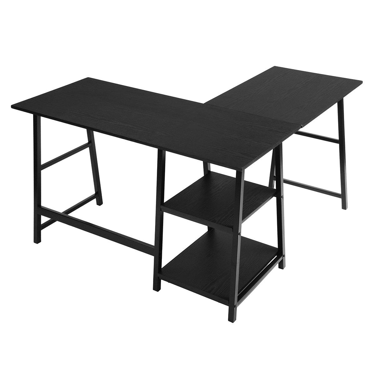Black - FurnitureR - DROGBA Black and Wooden L-shaped Desk with 2 shelves - 3