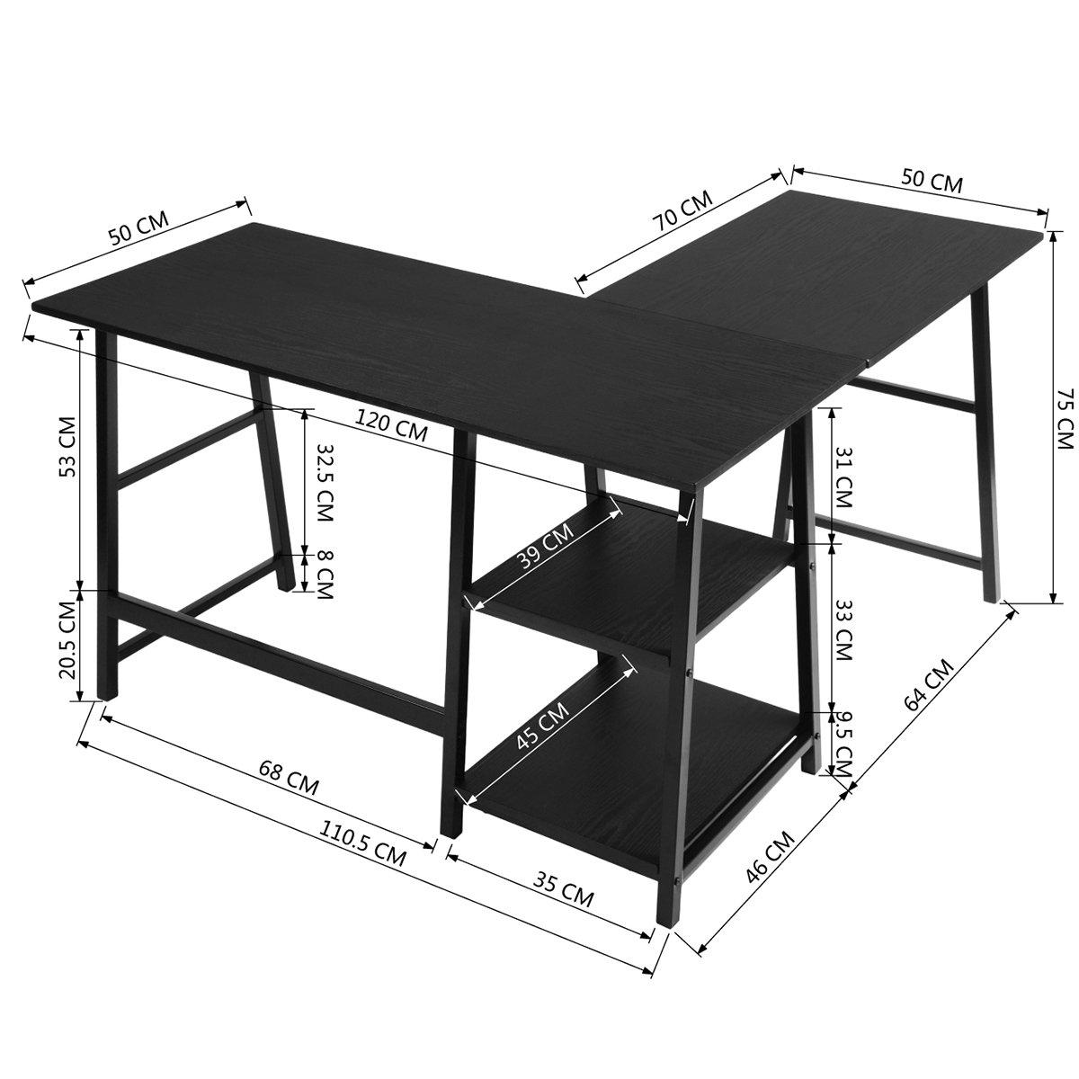Black - FurnitureR - DROGBA Black and Wooden L-shaped Desk with 2 shelves - 5