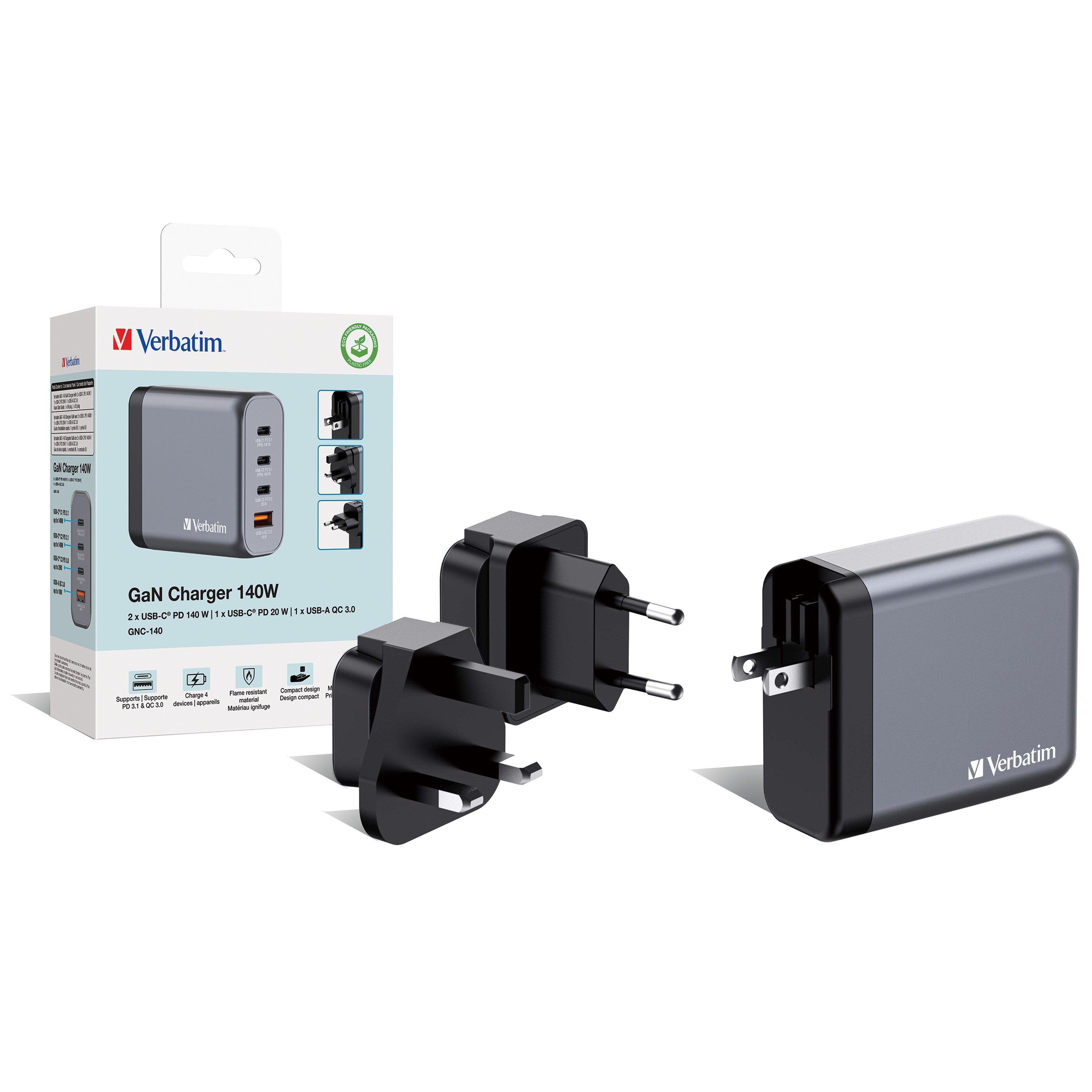 Black - Verbatim - 140W 4-Port GaN Wall Charger - 7