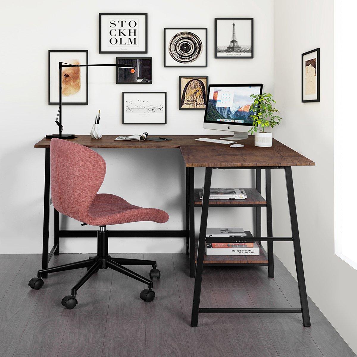 Brown - FurnitureR - DROGBA Black and Wooden L-shaped Desk with 2 shelves - 2