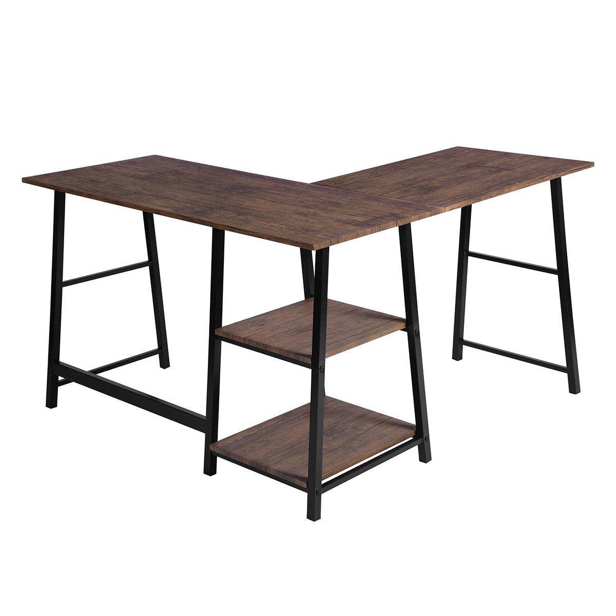 Brown - FurnitureR - DROGBA Black and Wooden L-shaped Desk with 2 shelves - 3