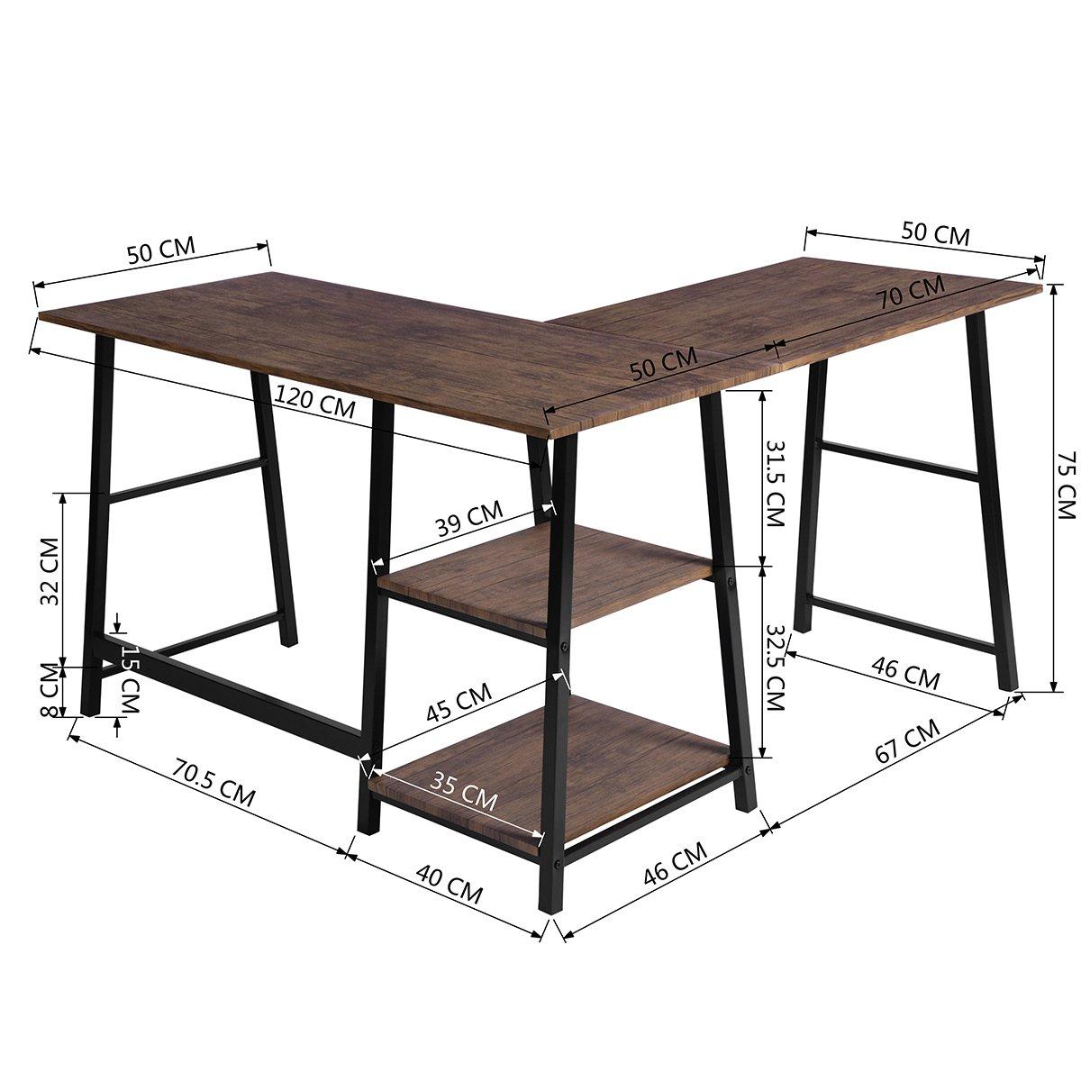 Brown - FurnitureR - DROGBA Black and Wooden L-shaped Desk with 2 shelves - 6