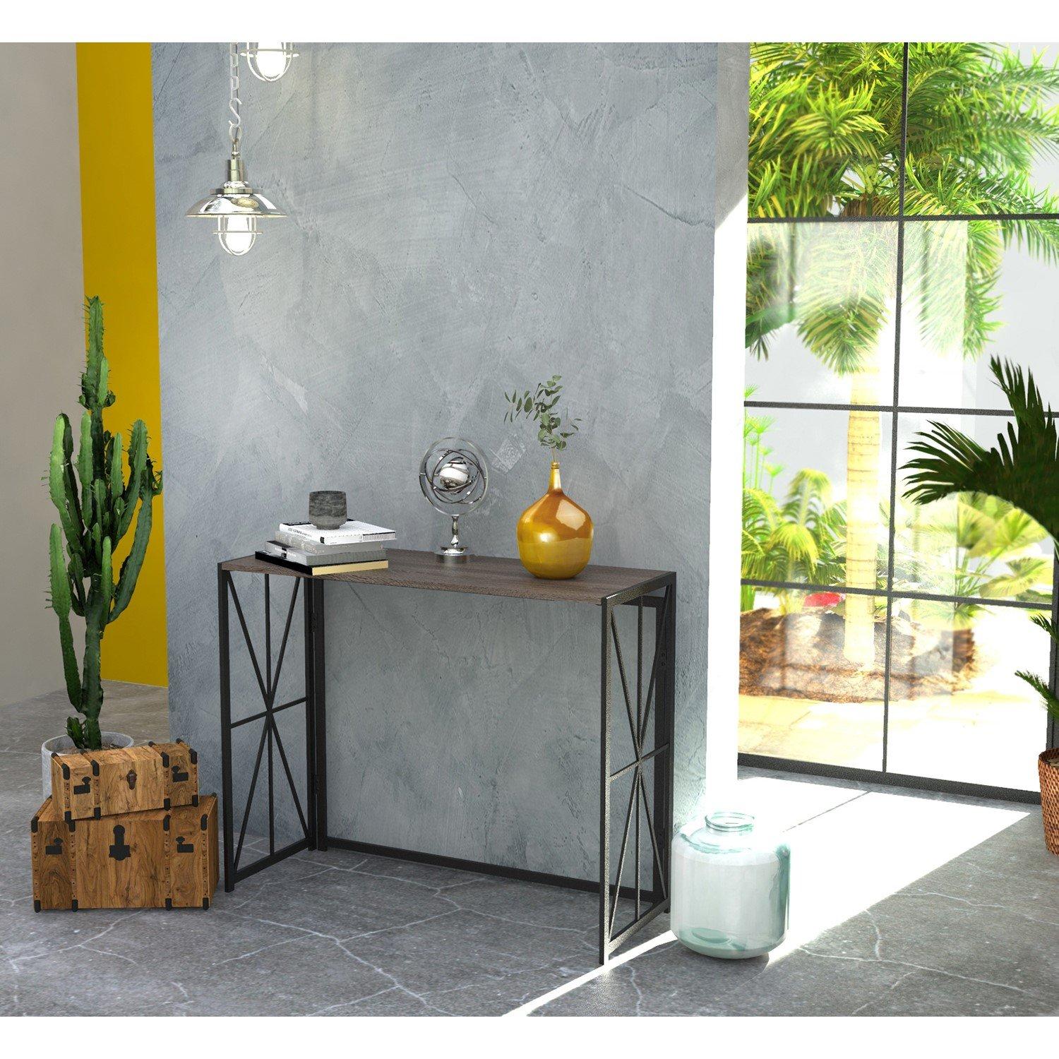 Black - FurnitureR - HORES Black and Wooden 100*38cm Console Table - 1