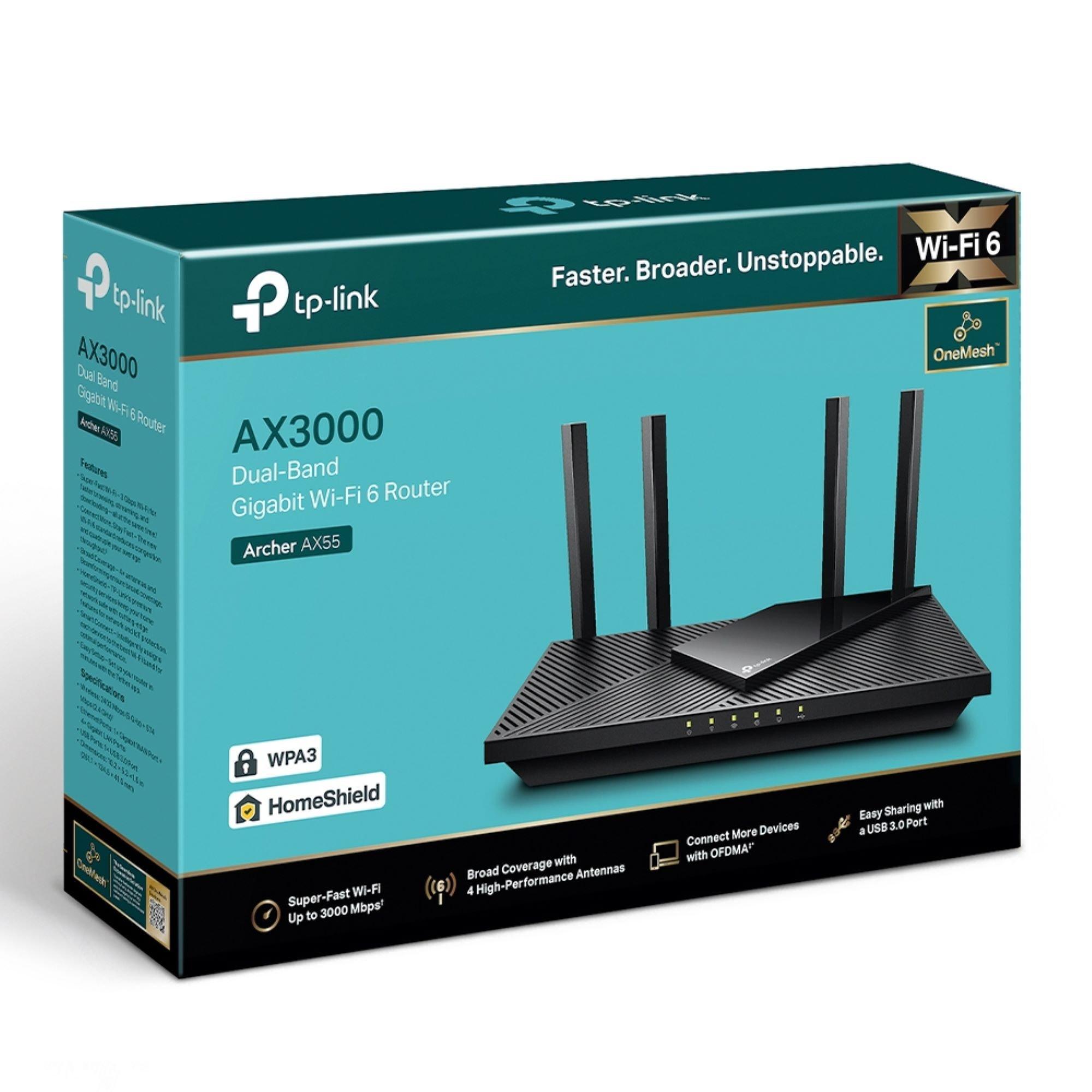 Crna - TP-Link - Archer AX55 -AX3000 Dual Band Gigabit Wi-Fi 6 Router - 3