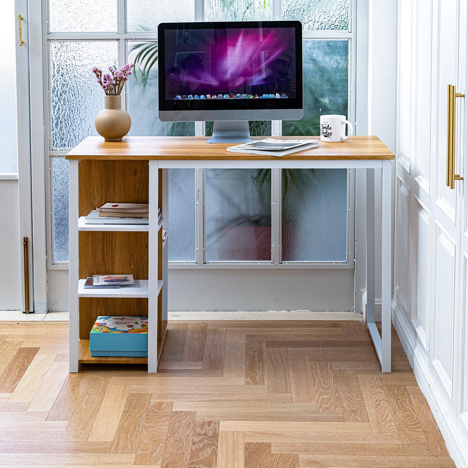 Brown/White - FurnitureR - JESUSA White and Wooden 110cm Desk with 3 shelves - 1